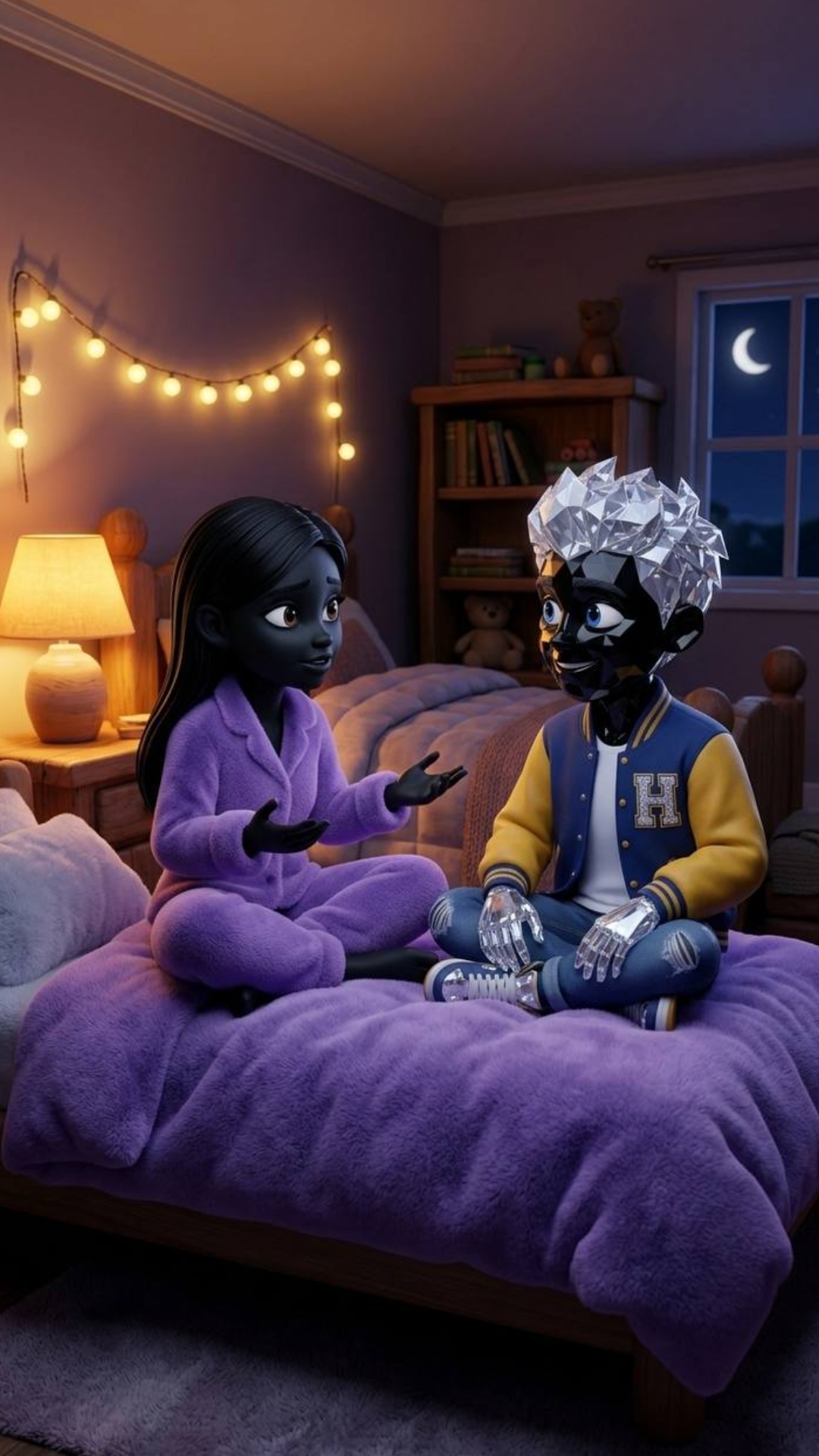 Cinematic Pixar-style animated scene in a cozy bedroom at night.
Two characters are sitting on a...