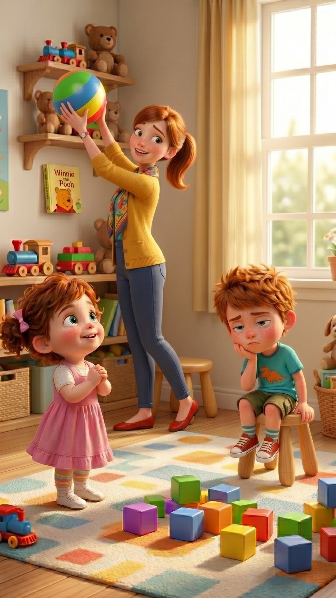 3D-анимация в стиле Pixar. Уютная и живая сцена в детской комнате. Начальное состояние: Миша сиди...