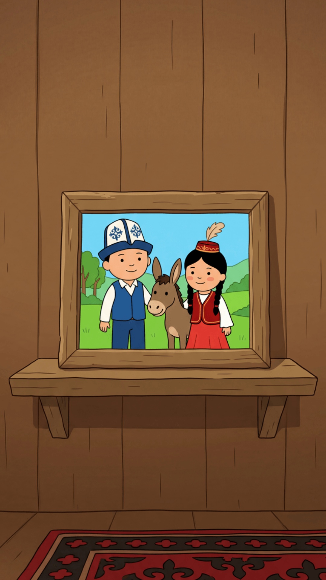 A 2D animated scene in the style of a 2000s Kyrgyz children's cartoon.

Setting:
Interior of a...