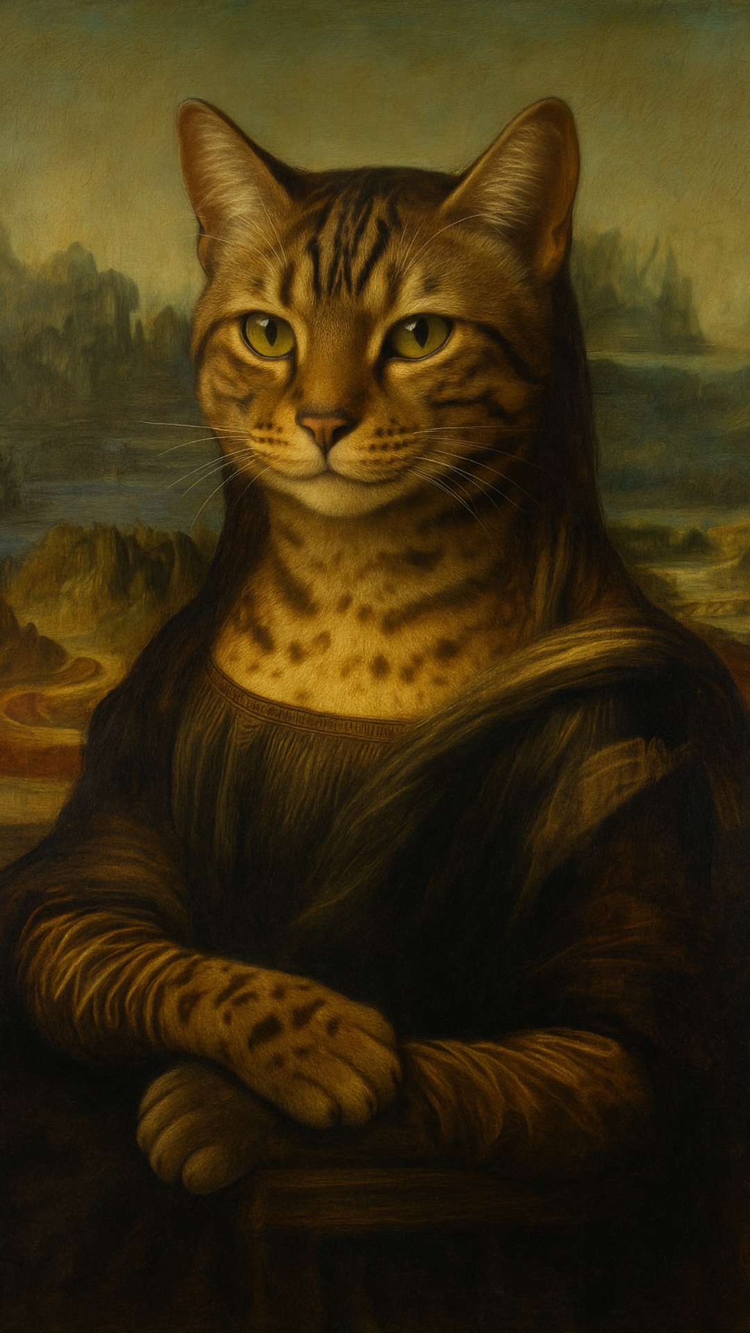 Subject: Close-up of a Bengal cat with golden-brown fur  
Context: Calmly sitting, posed as if in...