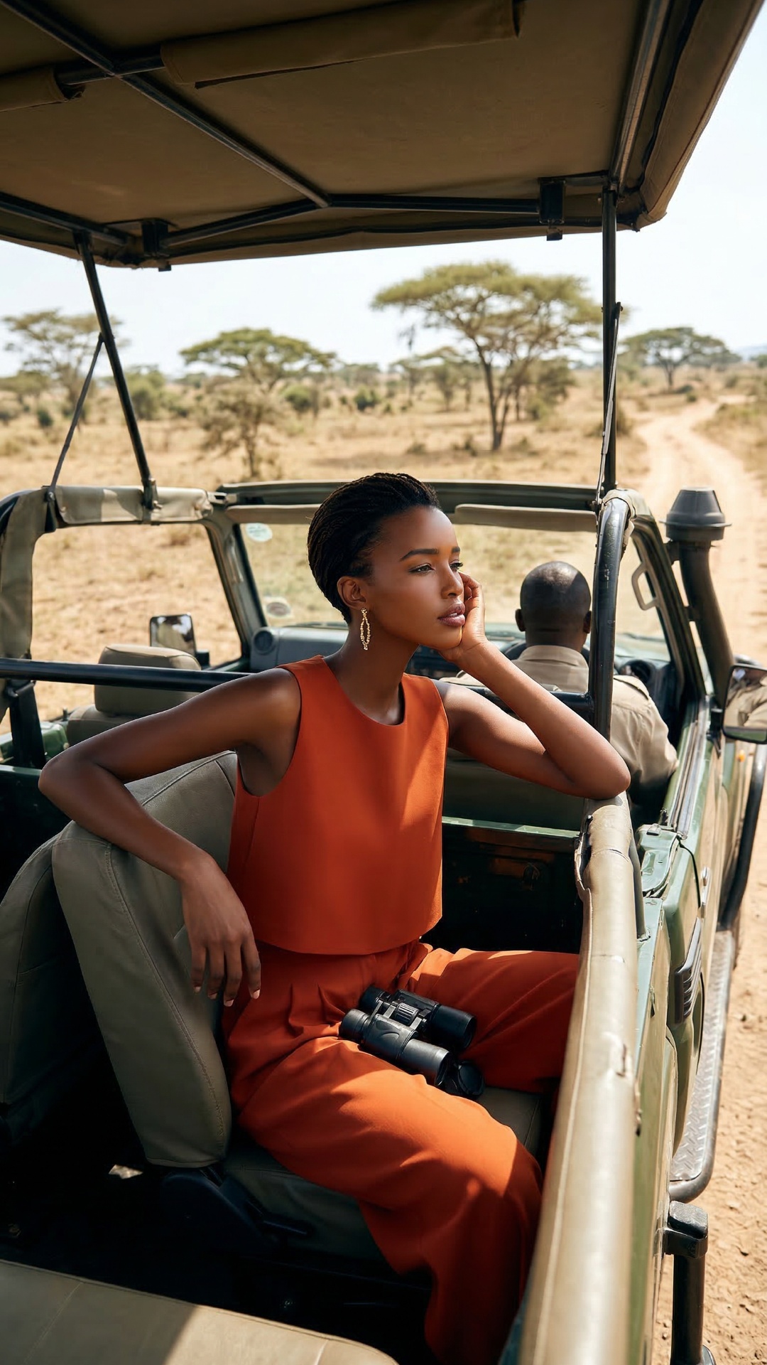 jeep drives in savanna, on the uneven roads. model suddenly sees a hippo bathing