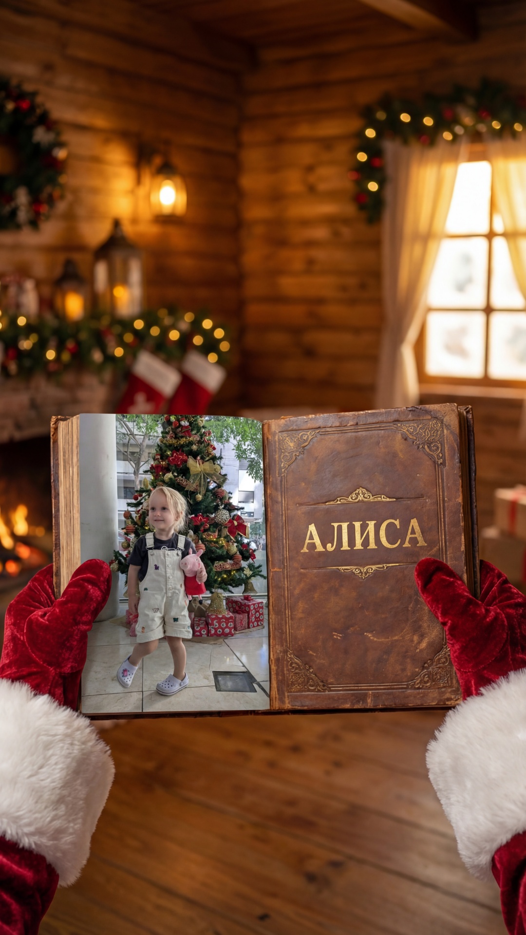 Close-up portrait. Ded Moroz turns his head to face the camera and smiles warmly. He holds a larg...