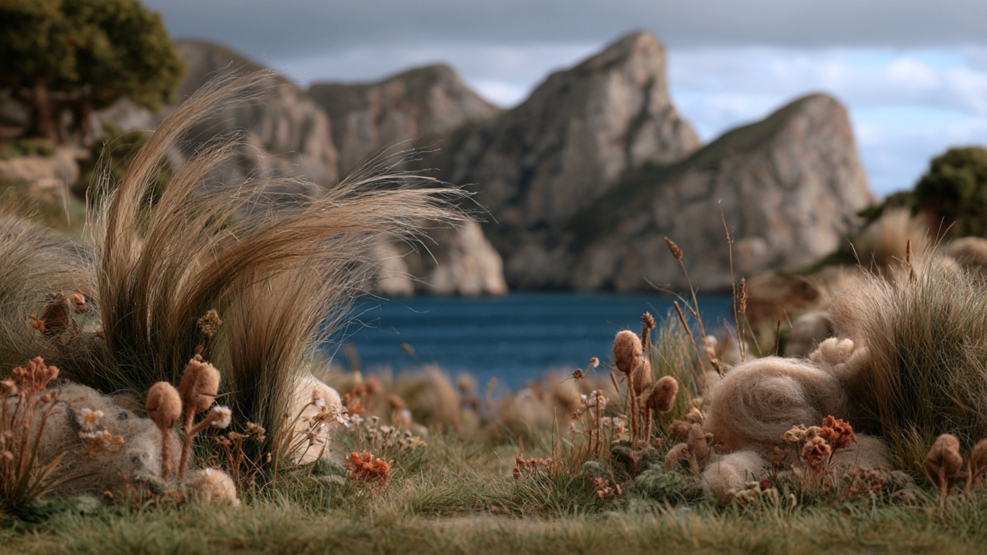 Low camera with a gentle forward drift through the foreground. One clear coastal gust travels acr...