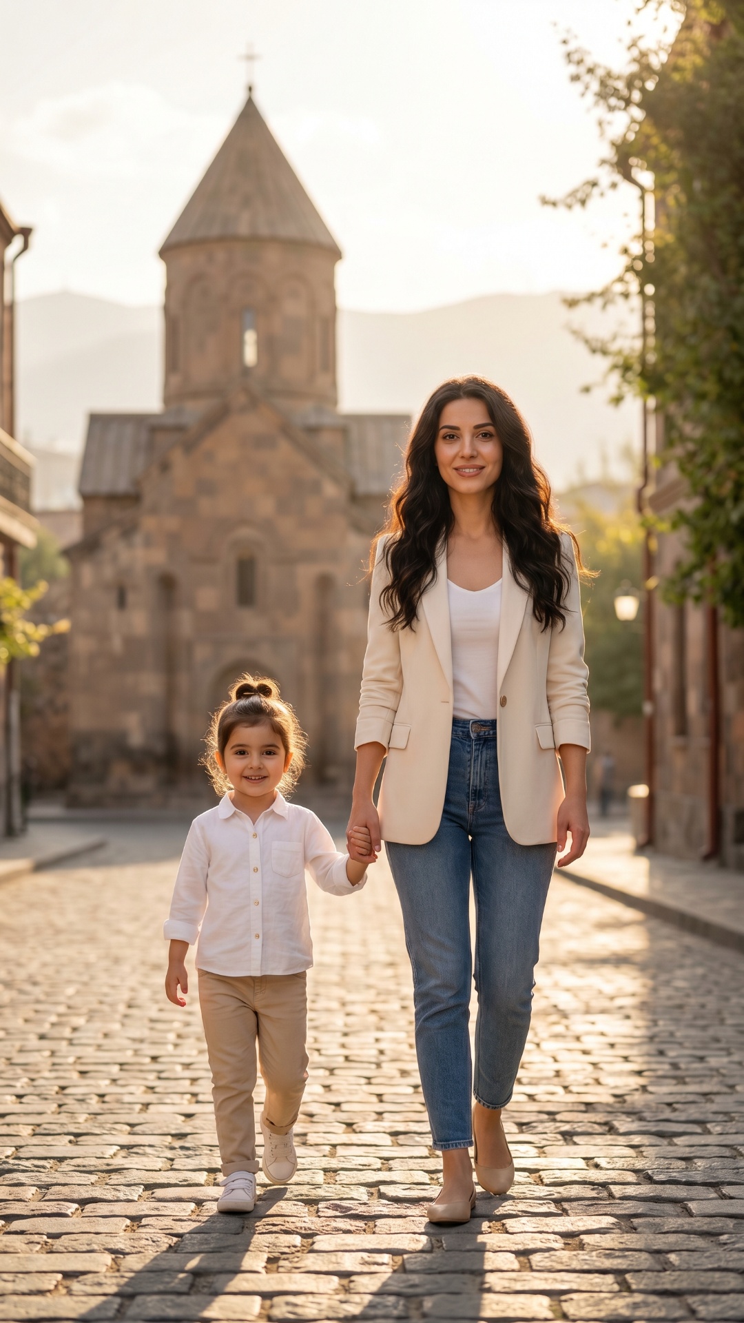 Mother is speaking softly and calmly to her daughter while walking, occasionally glancing at her ...