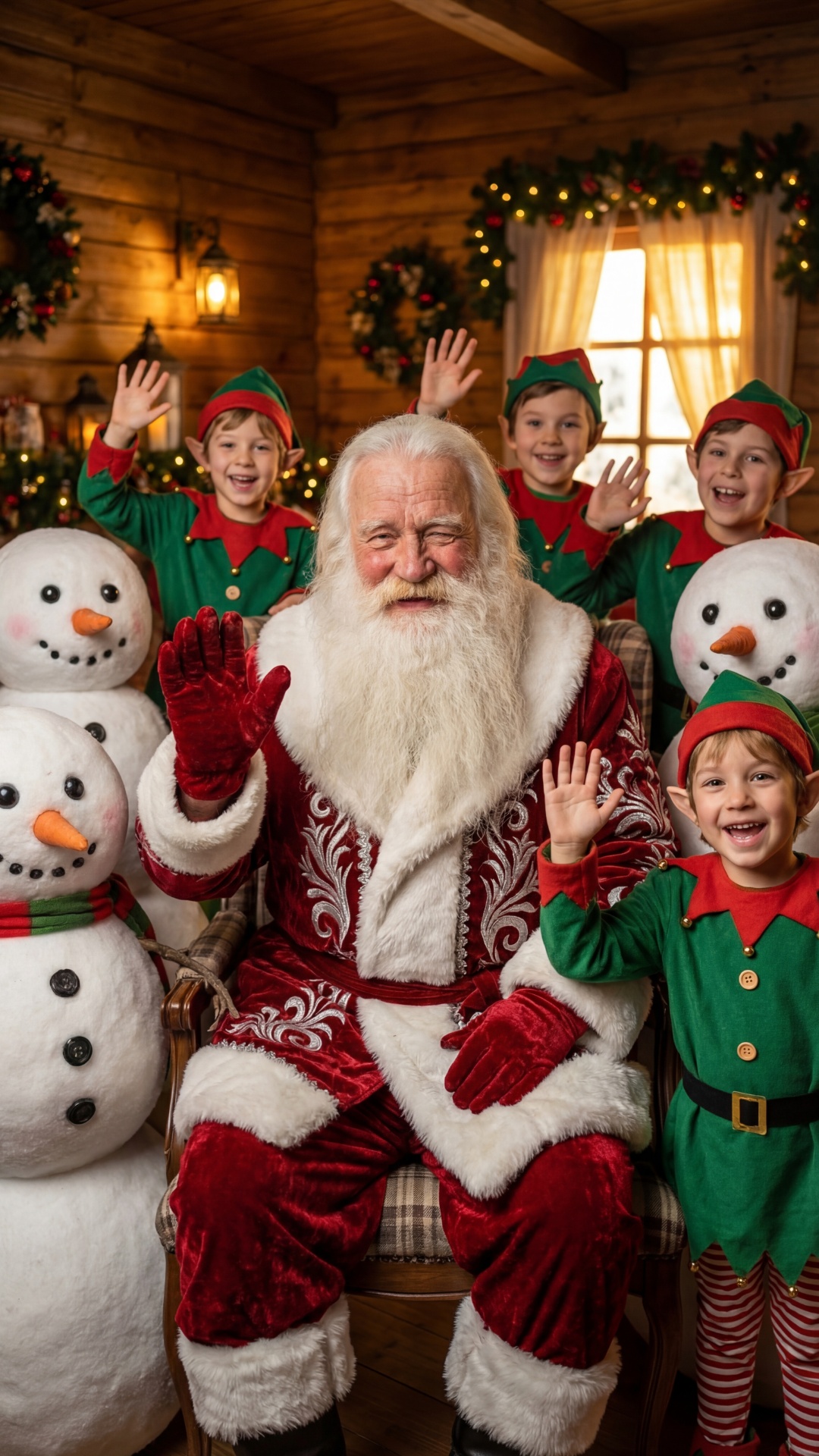 Ded Moroz winks at the camera. In the background, slightly out of focus, two small elves or snowm...