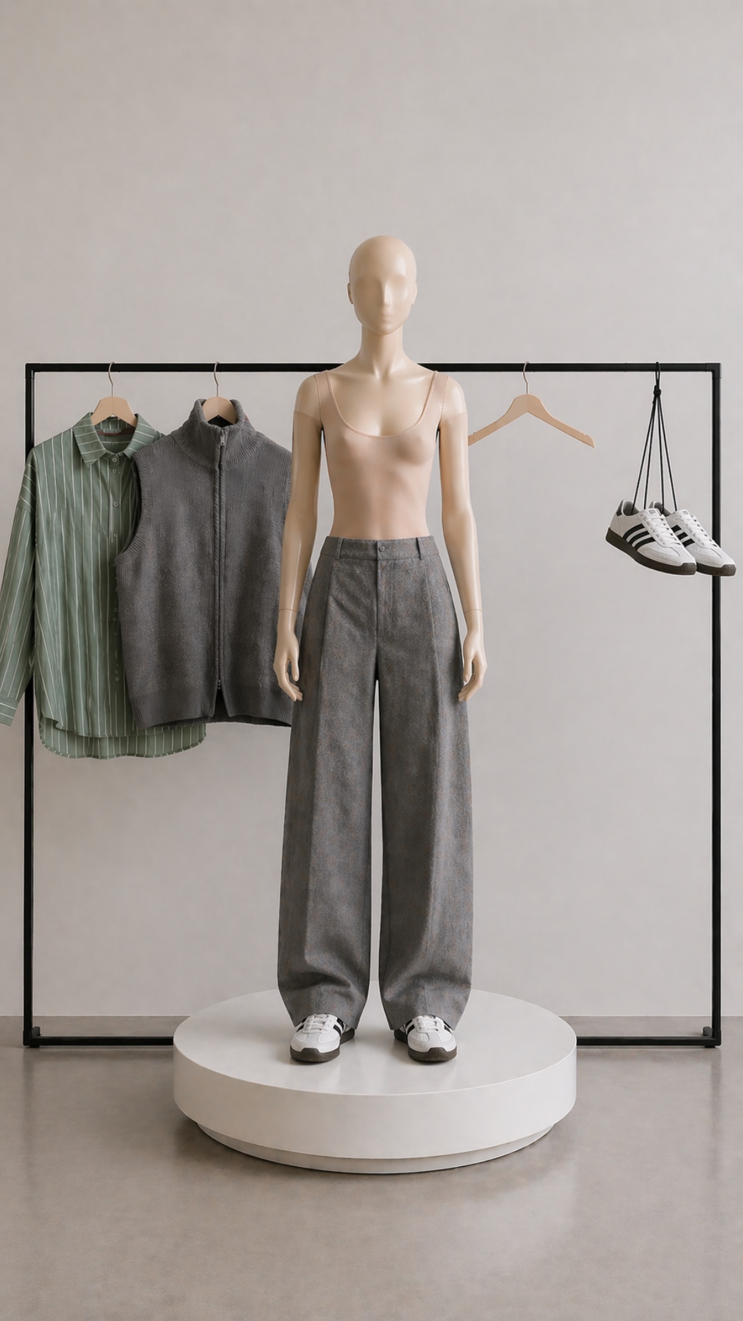 Minimalist studio scene in clean neutral tones. A faceless female mannequin made of matte nude-co...