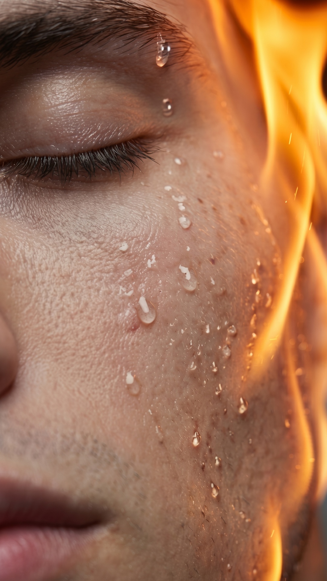 Extreme macro shot. A single drop of water rolls down his heated, sweating skin, followed immedia...
