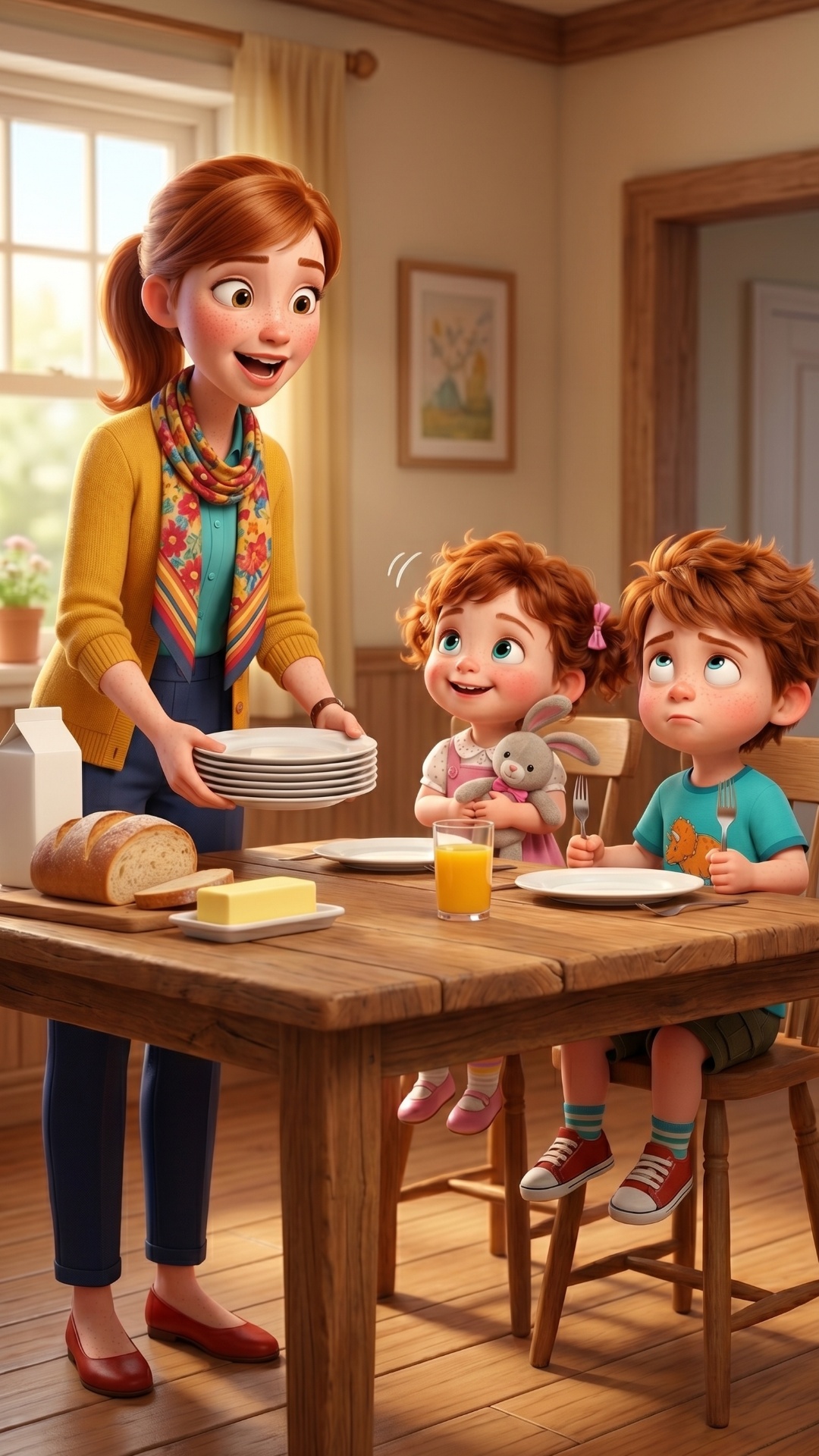 Cinematic Pixar-style animation, medium shot of the breakfast table. The scene functions as a seq...