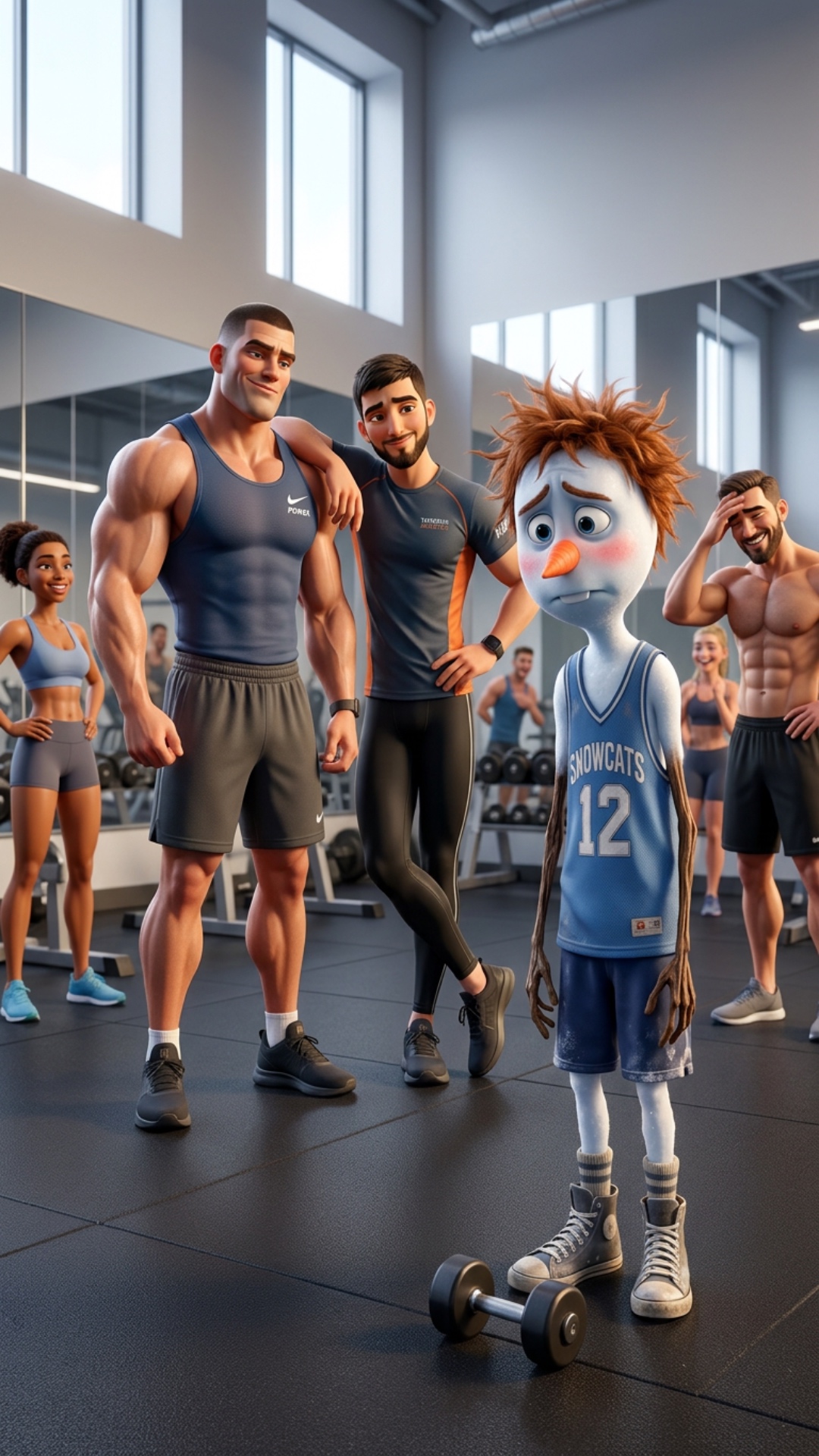 Стиль 3d-Pixar. Камера статична. Кинематографическая сцена в том же просторном тренировочном зале...