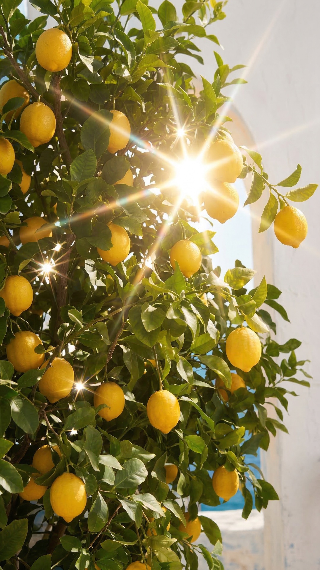 She smells a lemon with a soft smile, bright yellow fruit glowing in the sunlight.
