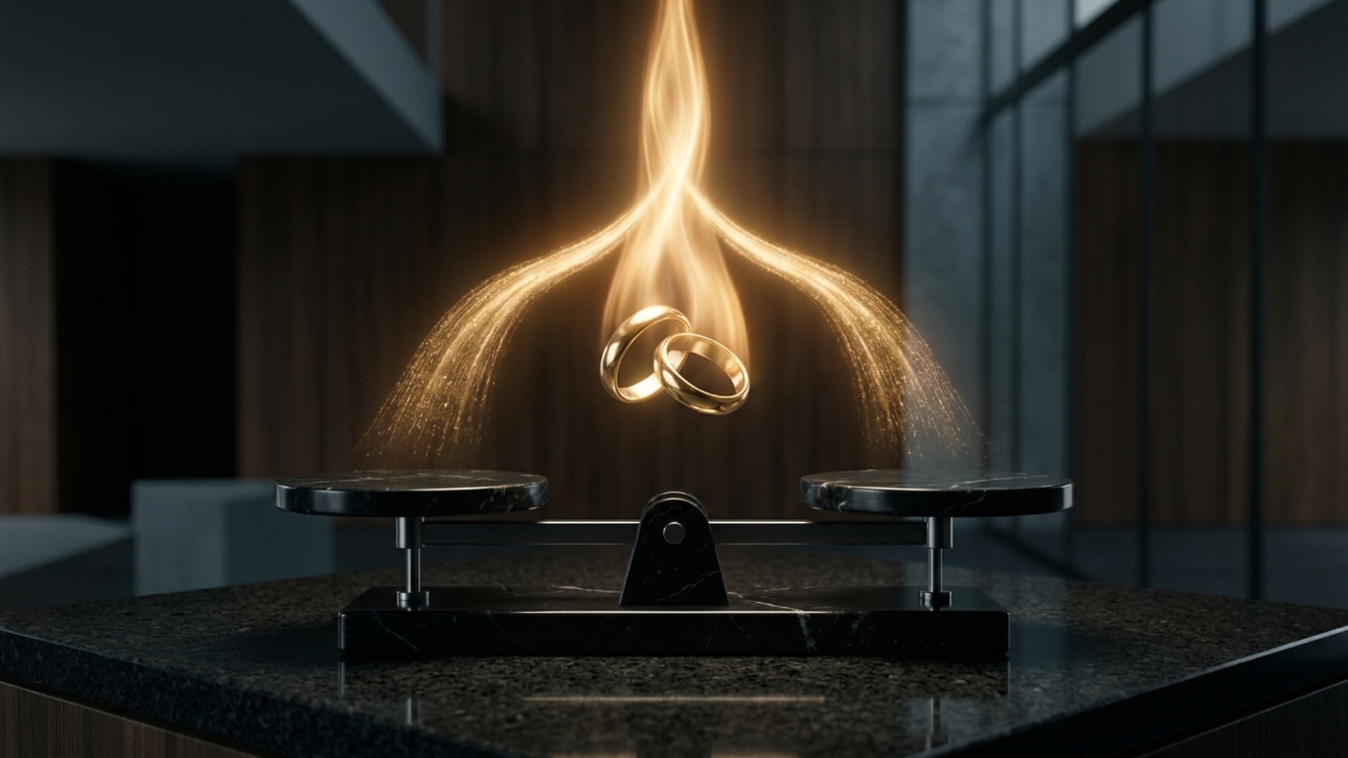 Two polished golden wedding rings slowly rotate above elegant black marble scales. Golden streams...
