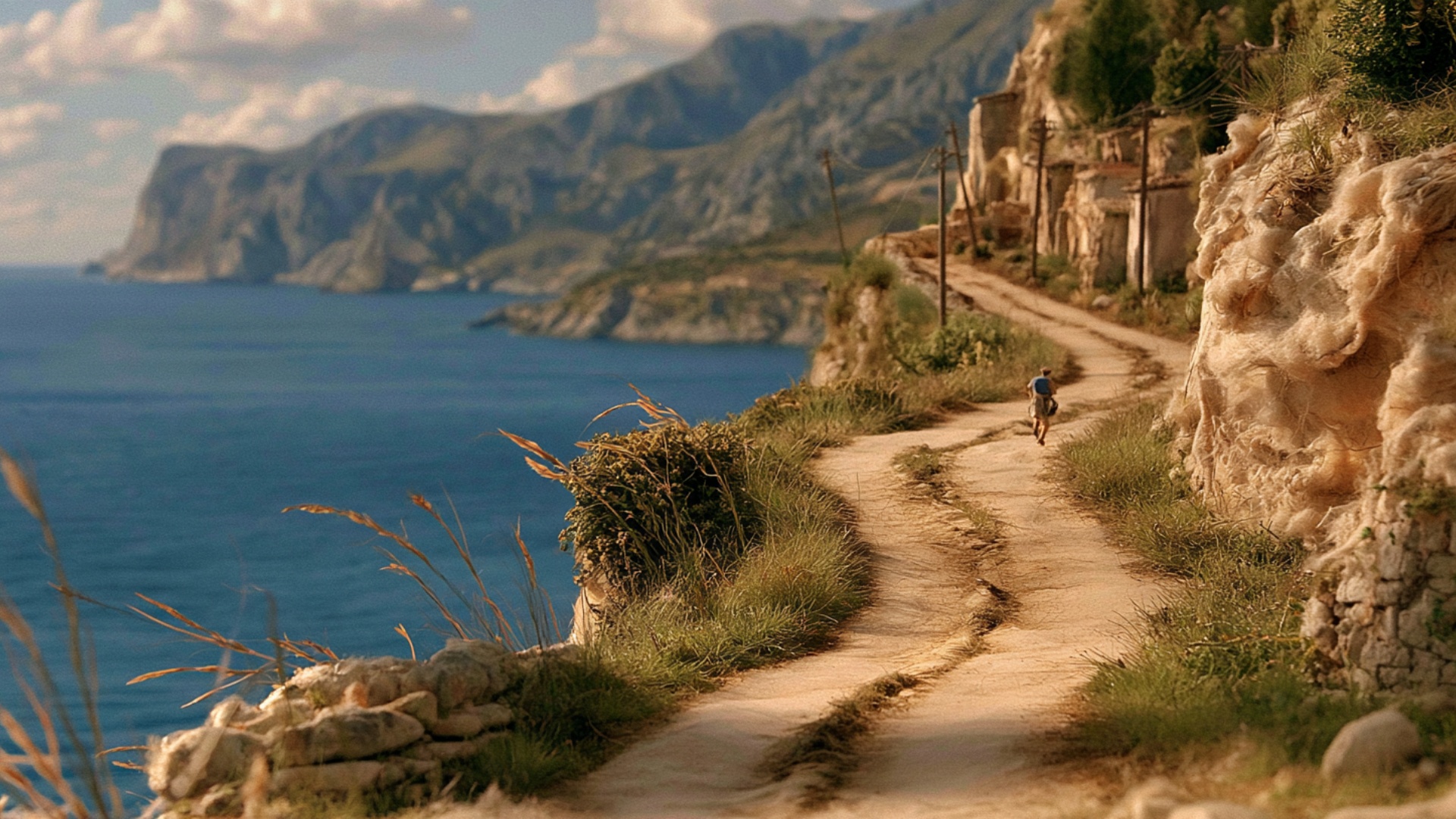 Gentle forward camera follow. The distant traveler continues walking away from the camera along t...