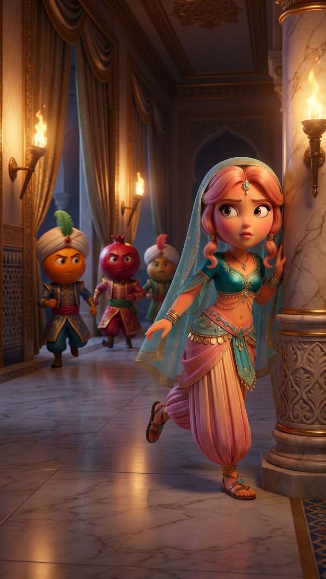 Cinematic 3D animated vertical scene (9:16). Peach runs quickly through a dimly lit palace corrid...