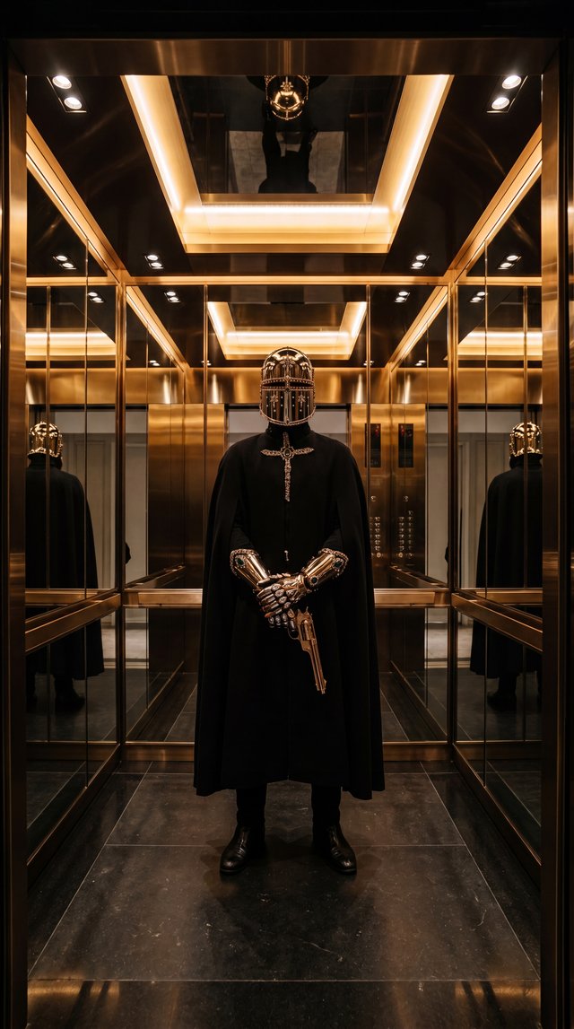 The figure stands still in the mirrored 
elevator as the doors begin to slide 
closed slowly on...