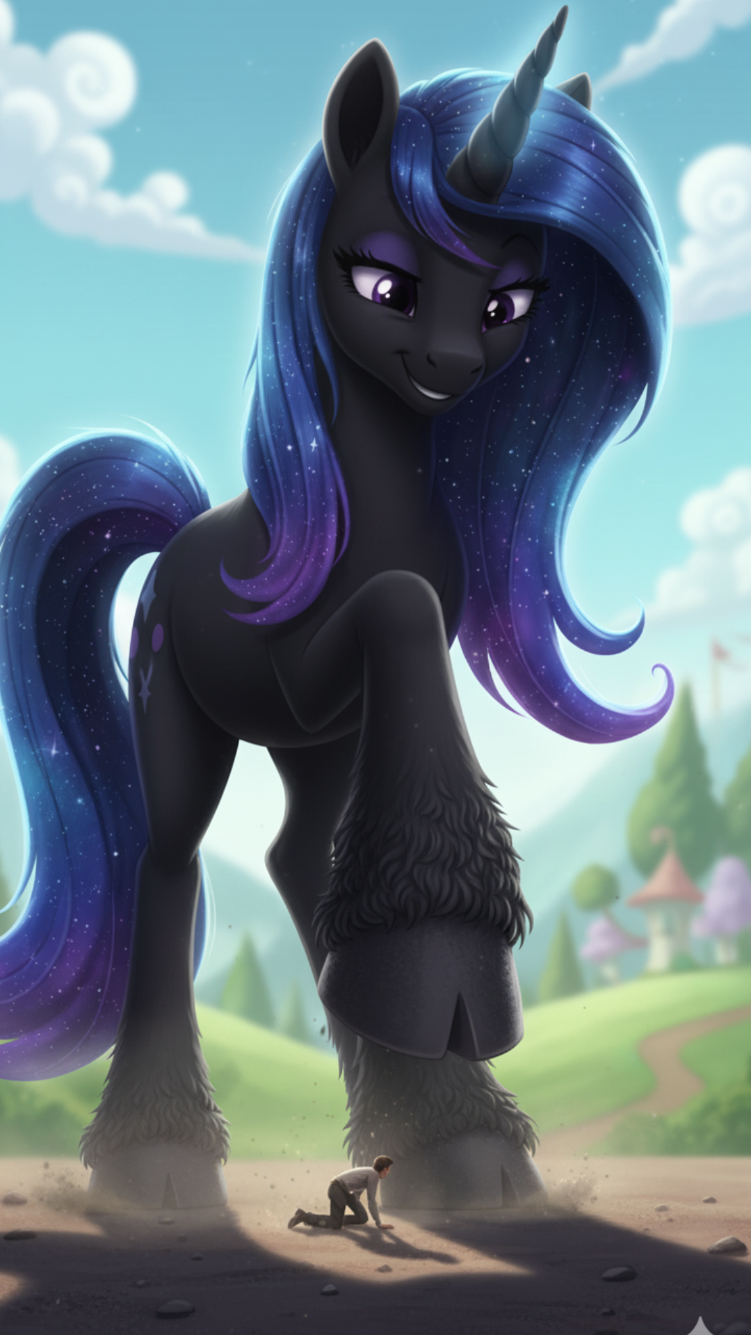 A dark MLP unicorn crushing a tiny figure under her hoof, then walking towards the viewer.

Shot ...