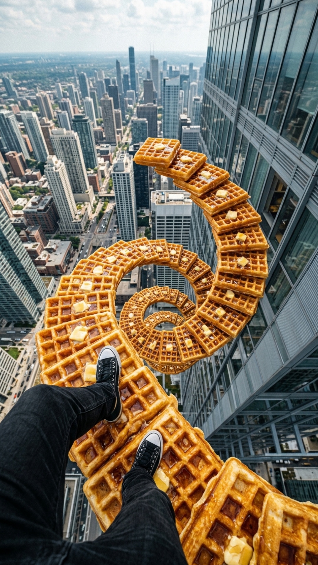 character is confidently walking down the waffle stairs. Natural movement.