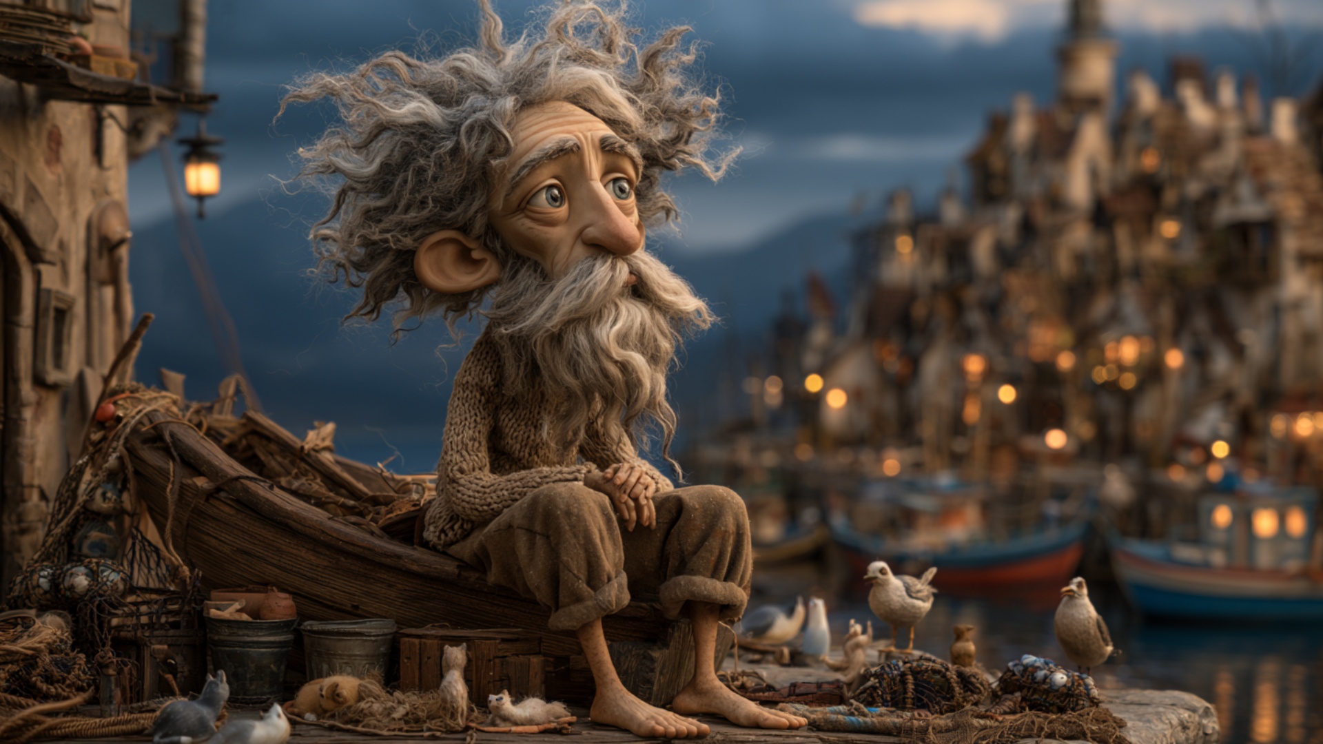 The elderly fisherman remains seated on the weathered wooden boat, hands resting naturally near h...