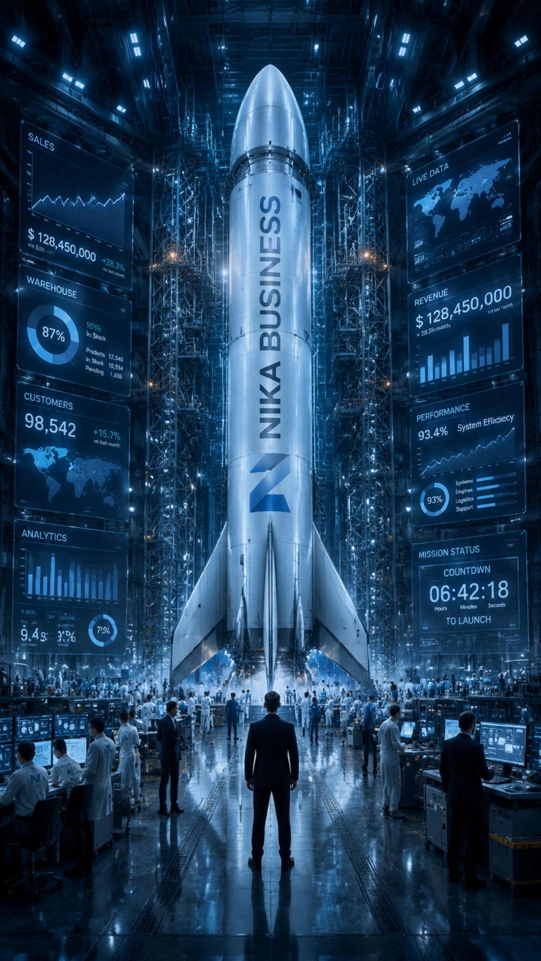 Огромный футуристический ангар.

Камера медленно летит вперед к ракете NIKA BUSINESS.

На огромны...