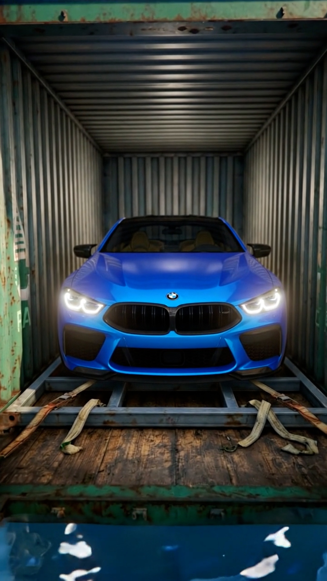 Показать кинематографичный обзор синего автомобиля BMW m8 купэ, внутри морского контейнера 

Стил...