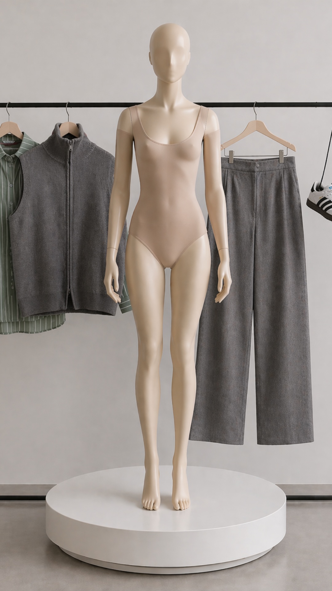 Minimalist studio scene in clean neutral tones. A faceless female mannequin made of matte nude-co...