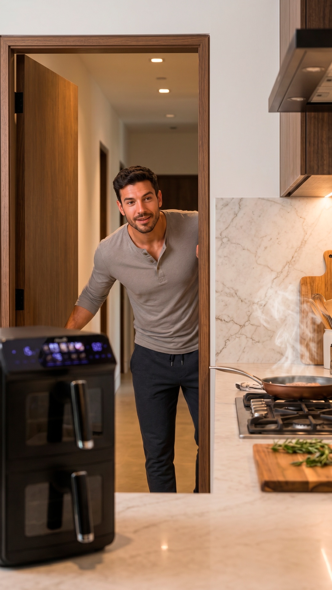 Realistic cinematic video.

The man appears in the kitchen doorway after noticing the smell of ...