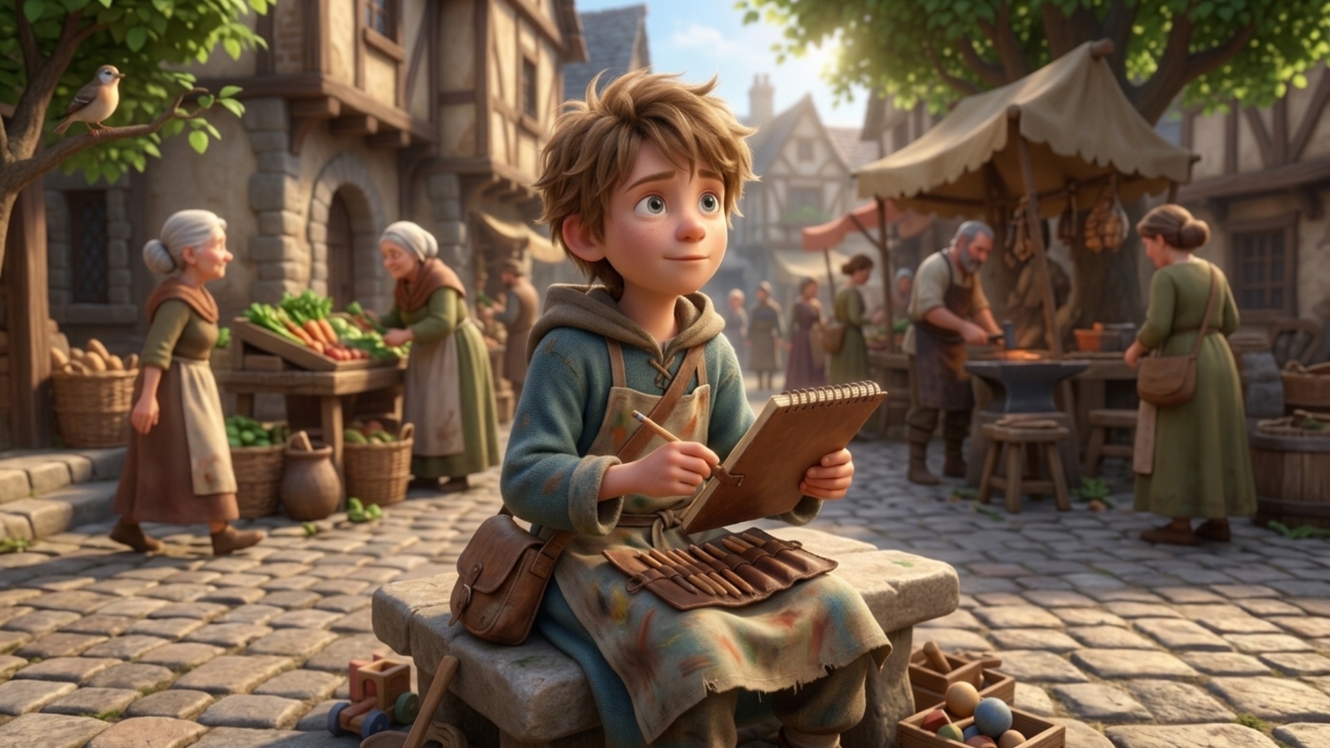 Art style: 3D Pixar.

Очаровательная городская площадь в стиле средневековья, залитая теплым свет...