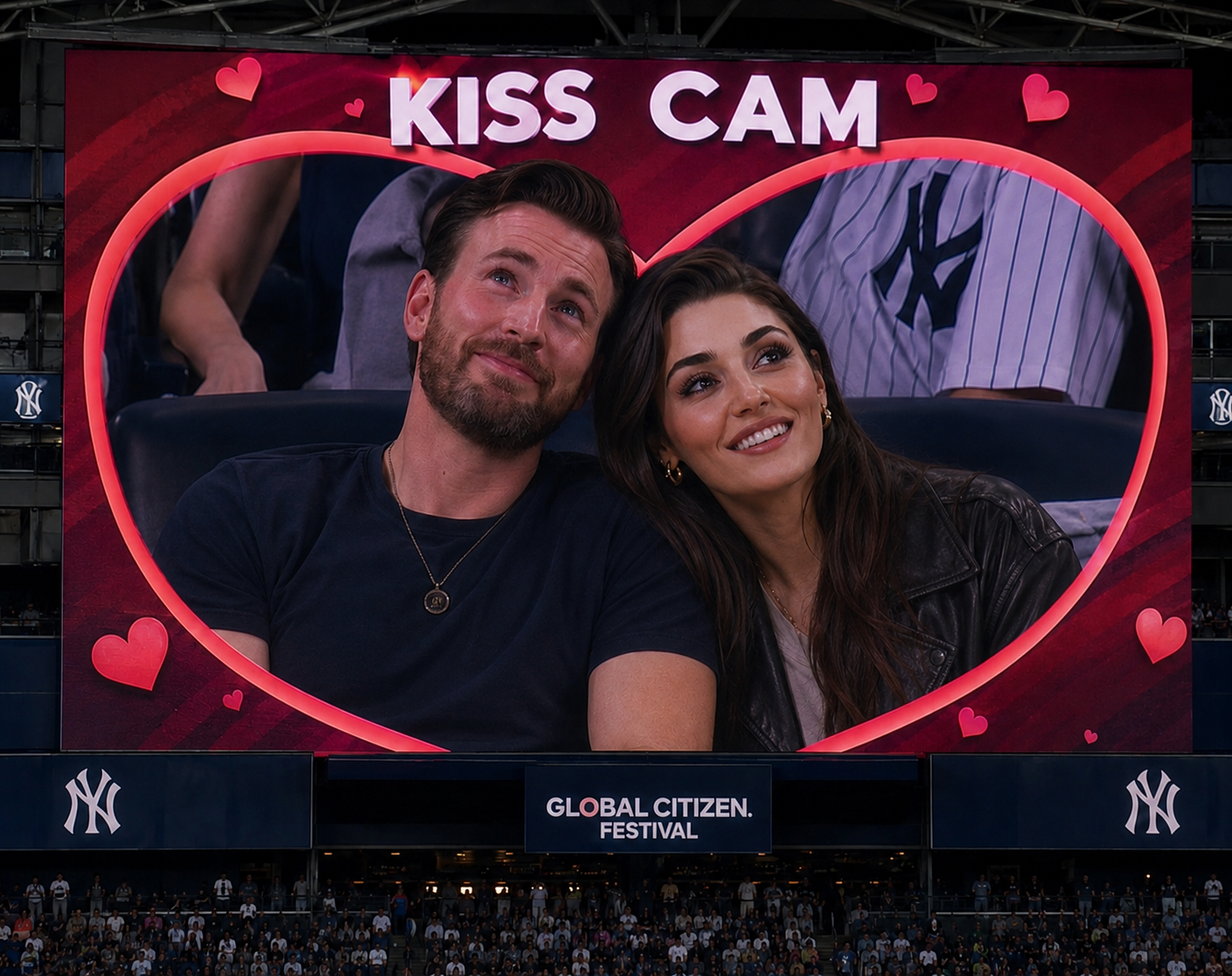 Cinematic kiss cam animation on a baseball stadium jumbotron. Use the uploaded image as the exact...