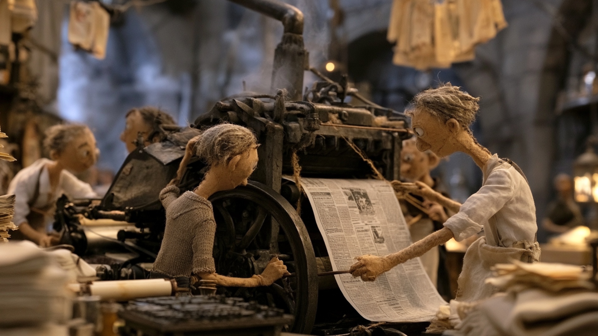 The large press wheel turns slowly as the existing printed newspaper sheet advances a short dista...