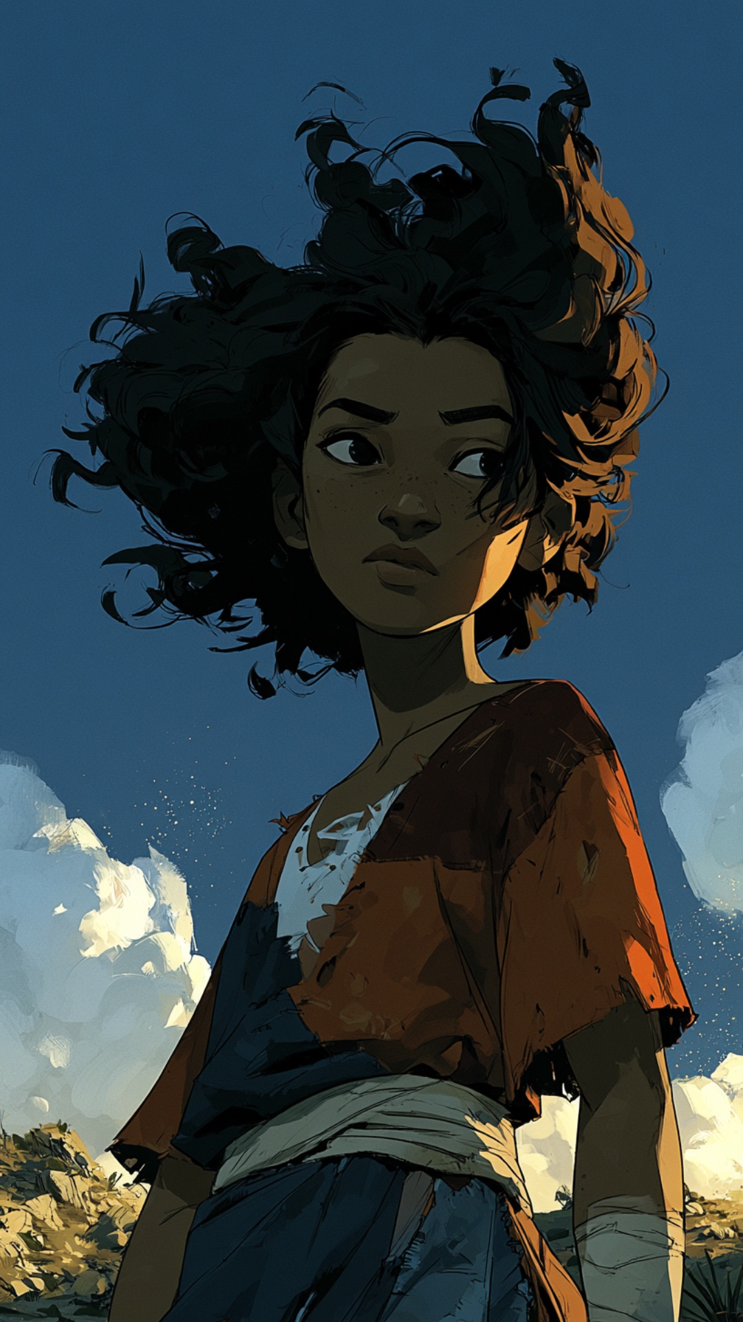 Camera slowly zooms out, the woman slowly turns her head, hair fluttering in the wind