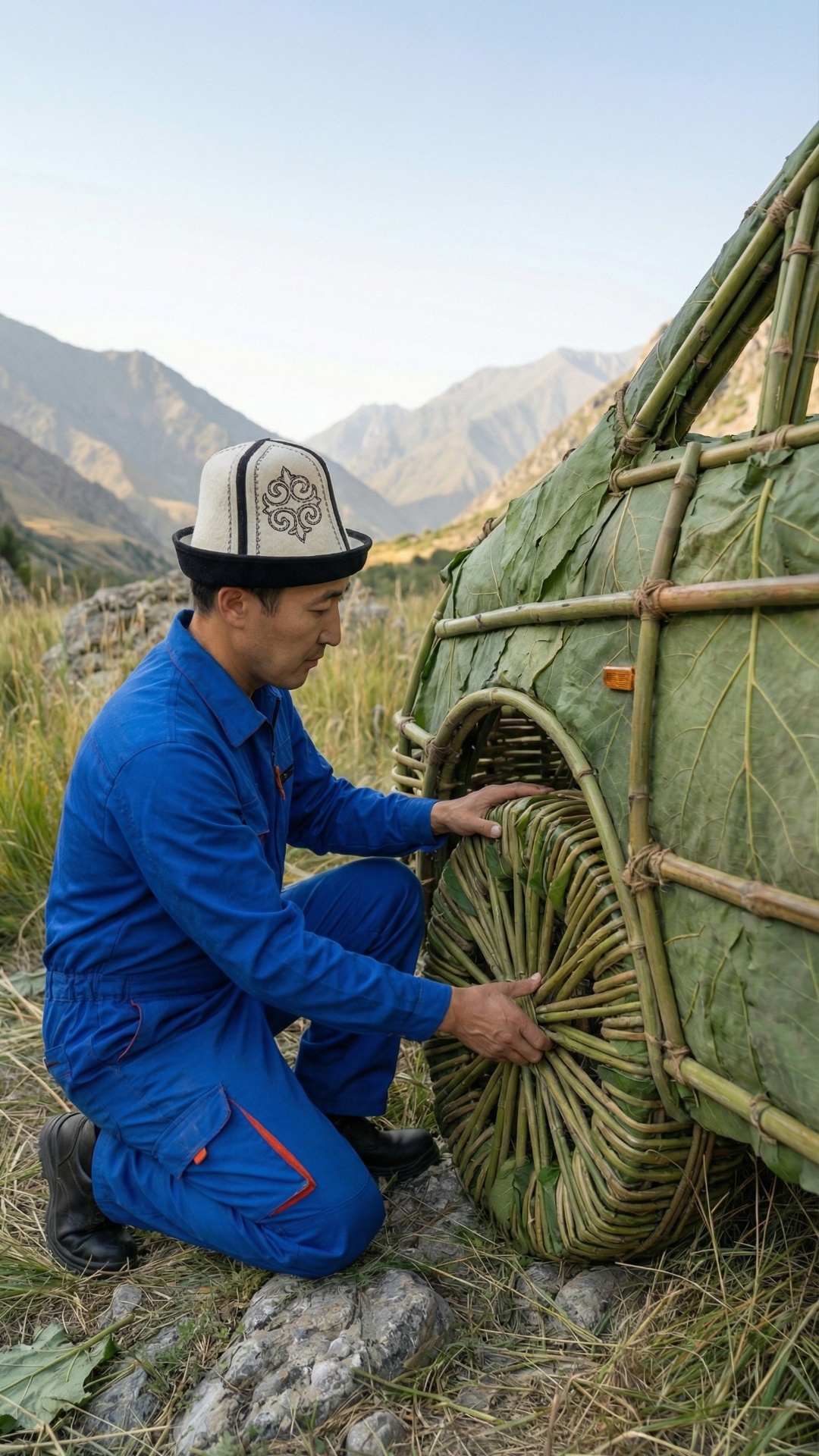 Cinematic ultra-realistic documentary scene in a Central Asian mountain valley: man in blue work ...