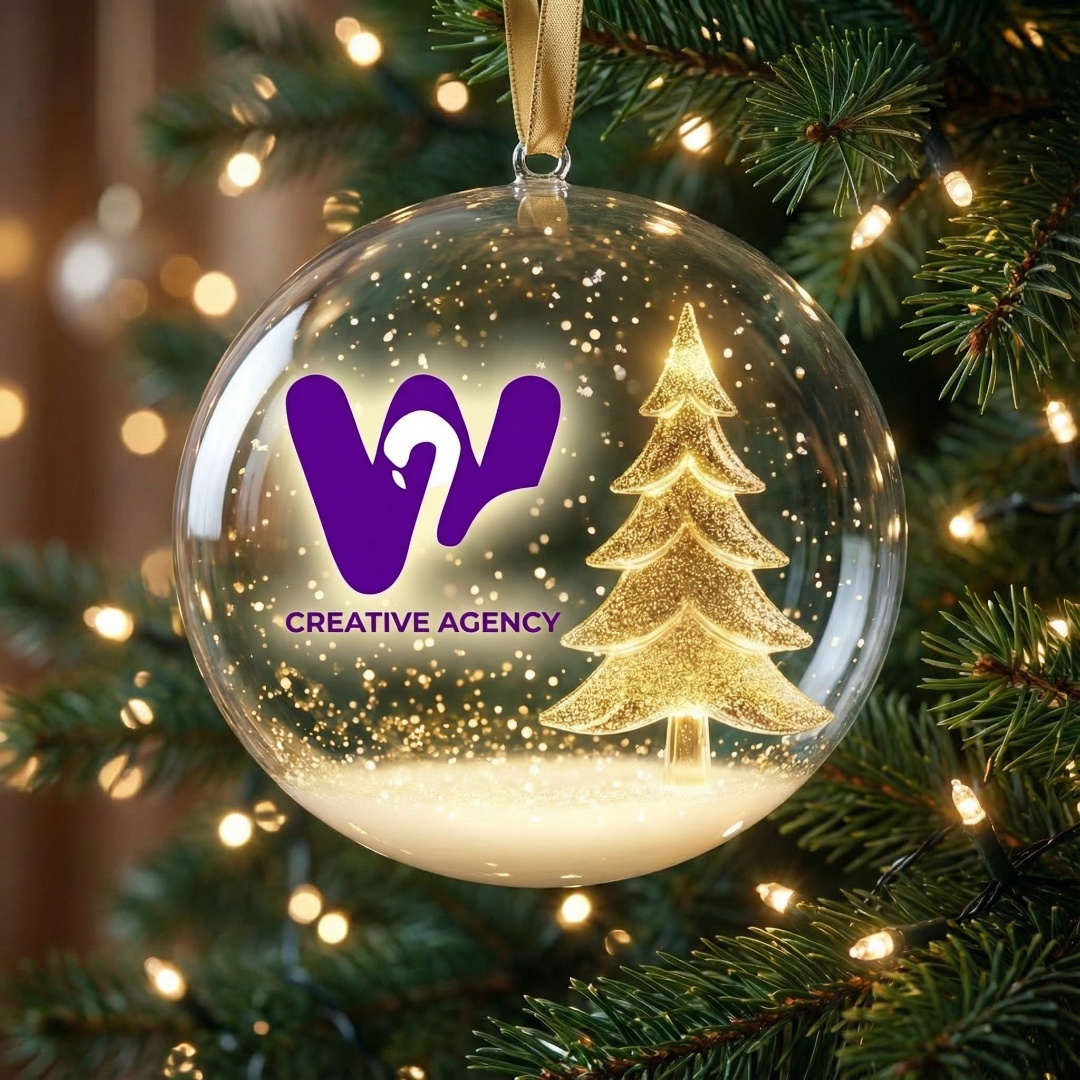 A cinematic animation of the luxury glass snow globe hanging on a lush green Christmas tree. The ...
