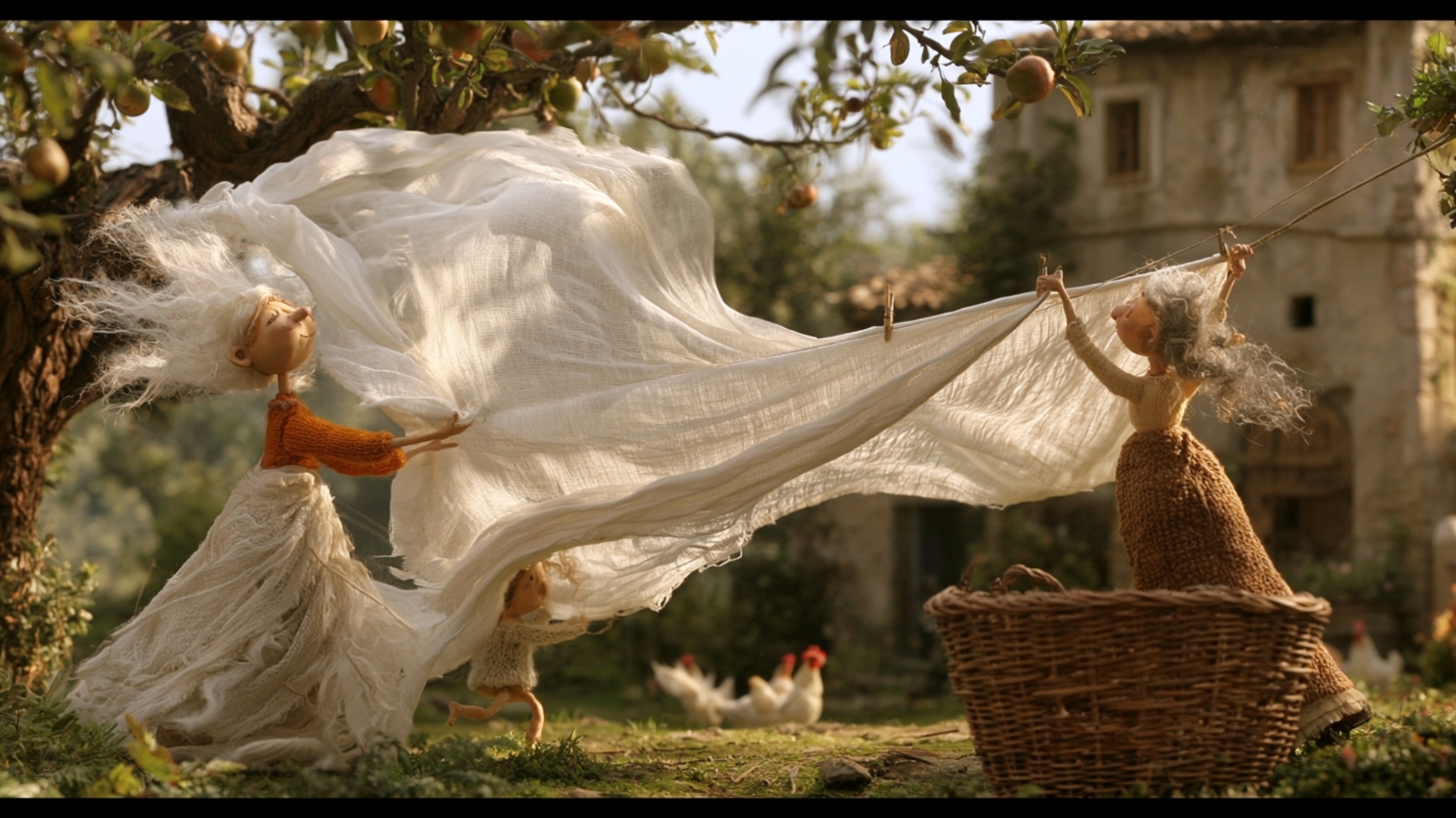 Strong continuous wind fills the large white sheet like a sail for the entire 5 seconds. Both wom...