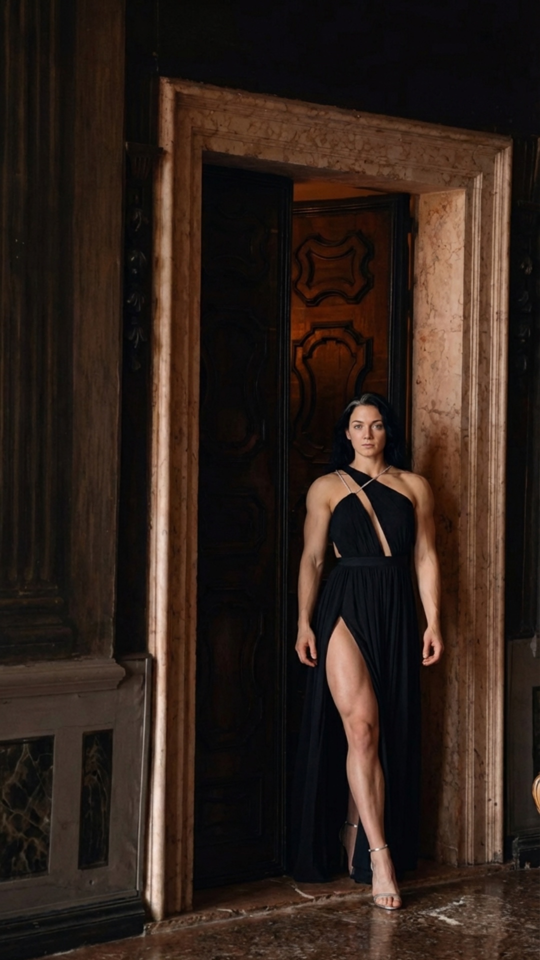 A cinematic full-body shot of a glamorous fashion model walking confidently towards the camera th...