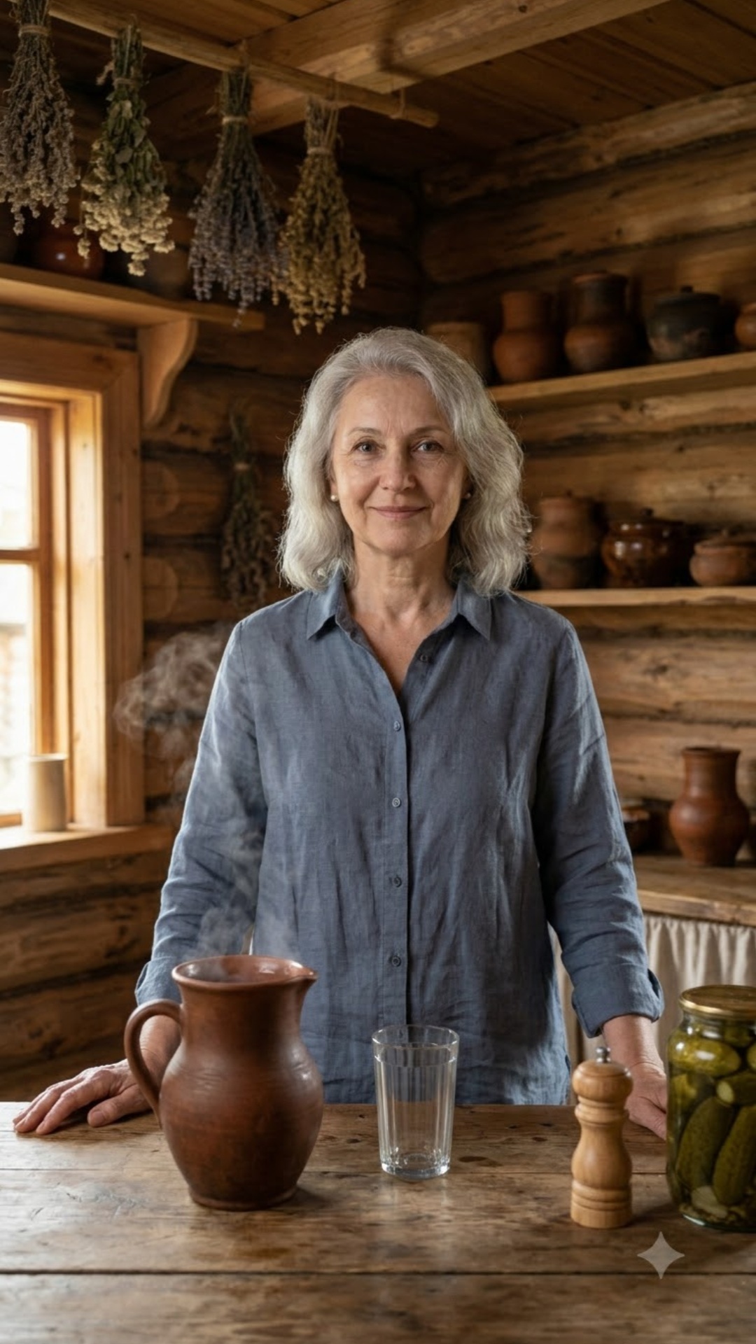 Static medium shot at eye level. The grey-haired woman behind the wooden kitchen table picks up t...