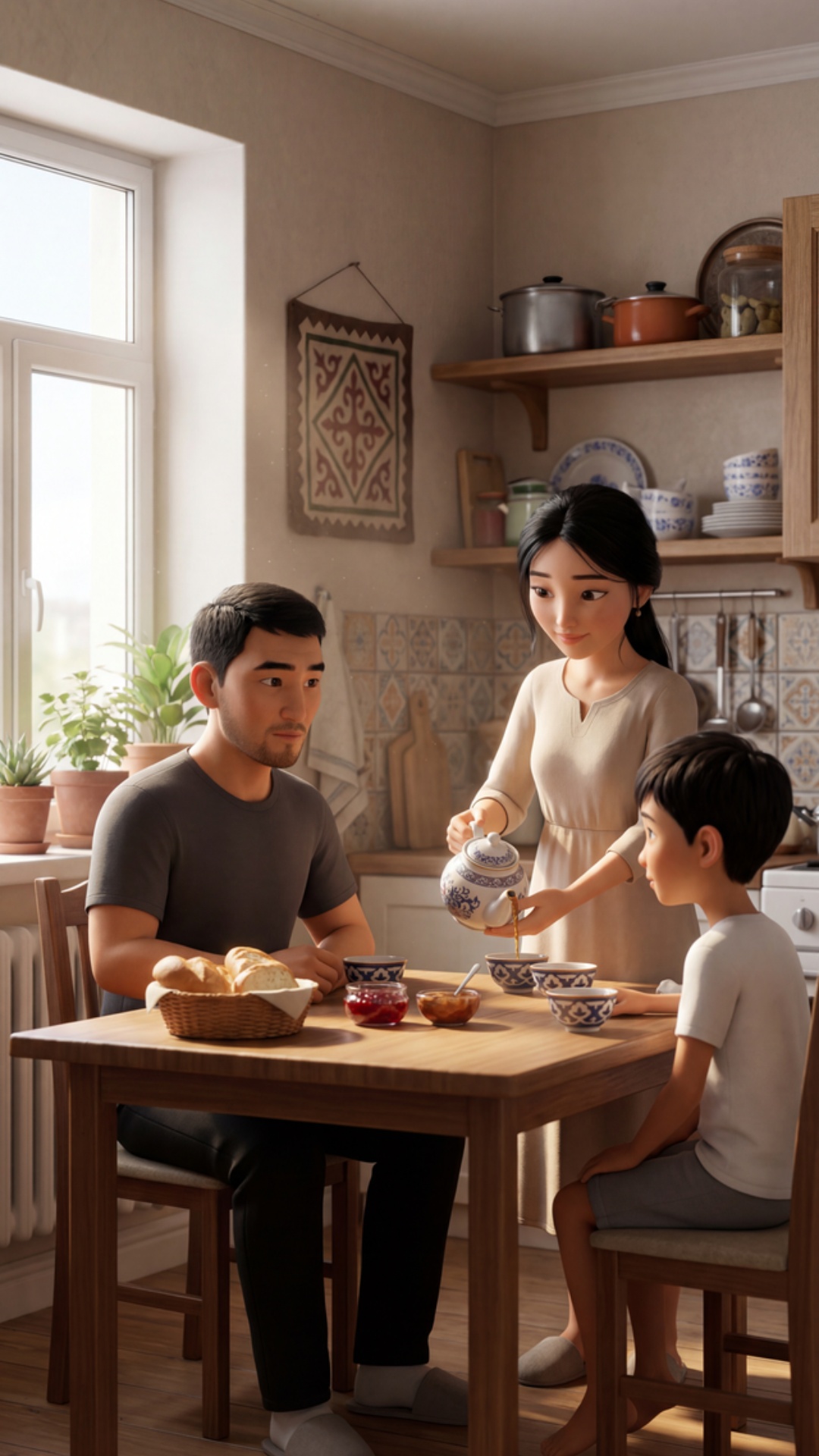 SCENE 1 — Morning calm (0–3s)

Cinematic 3D Pixar-style animation, warm morning light, cozy Kyr...