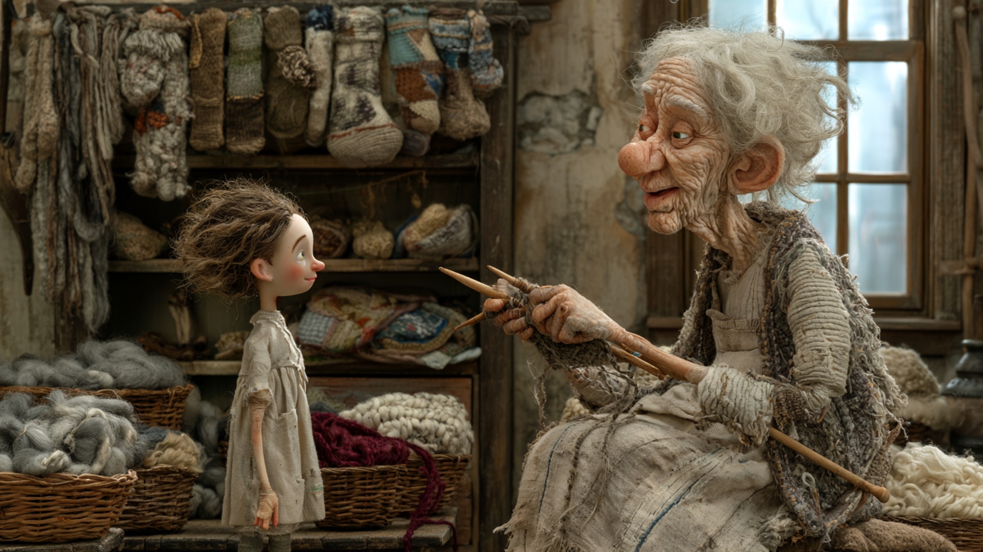Cinematic dolly-in toward the knitting needles and the elderly woman’s hands. She loops the exist...