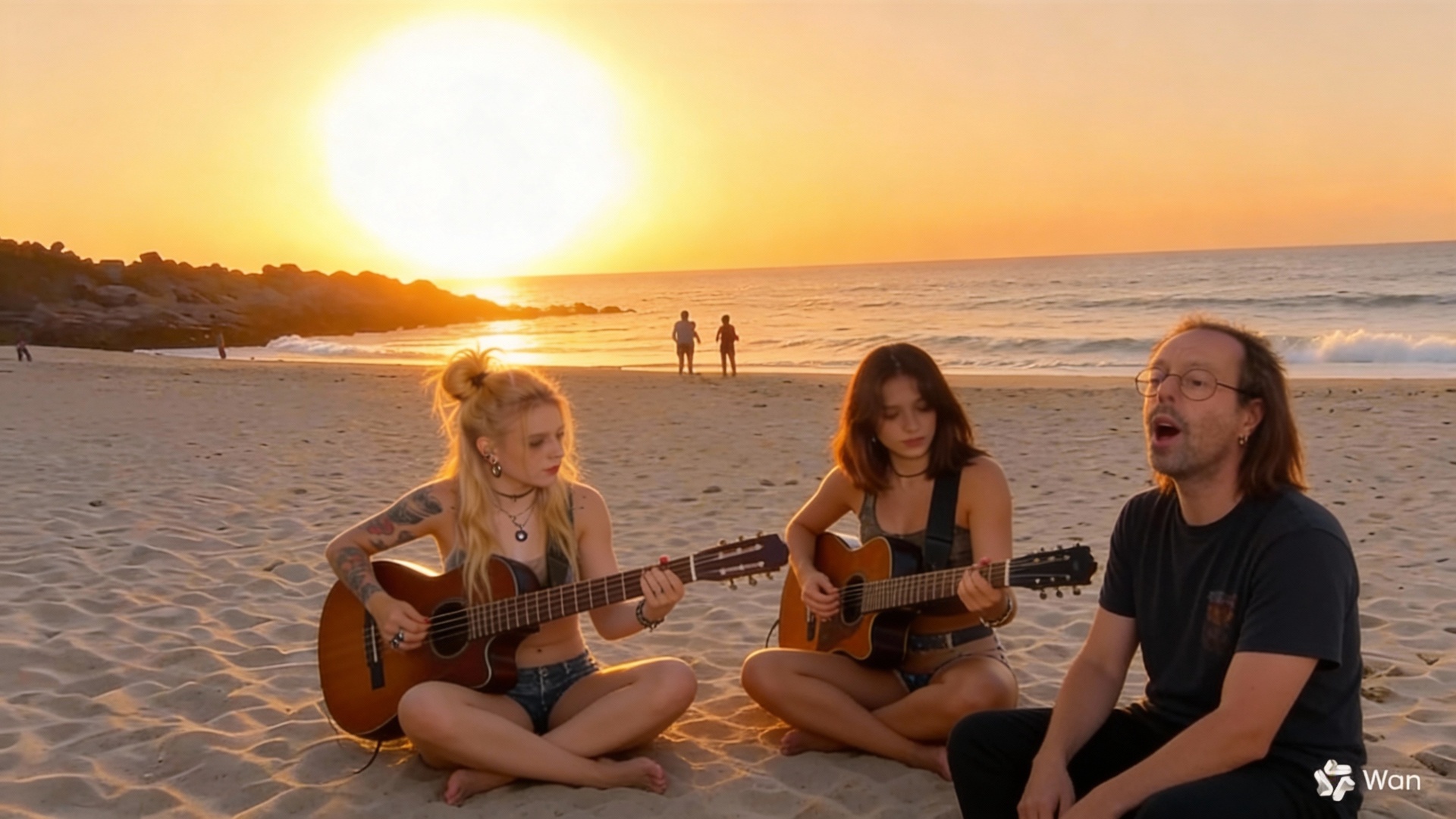 Autour d'un feu de camp, au coucher du soleil, sur la plage de Copacabana, une bassiste et une gu...