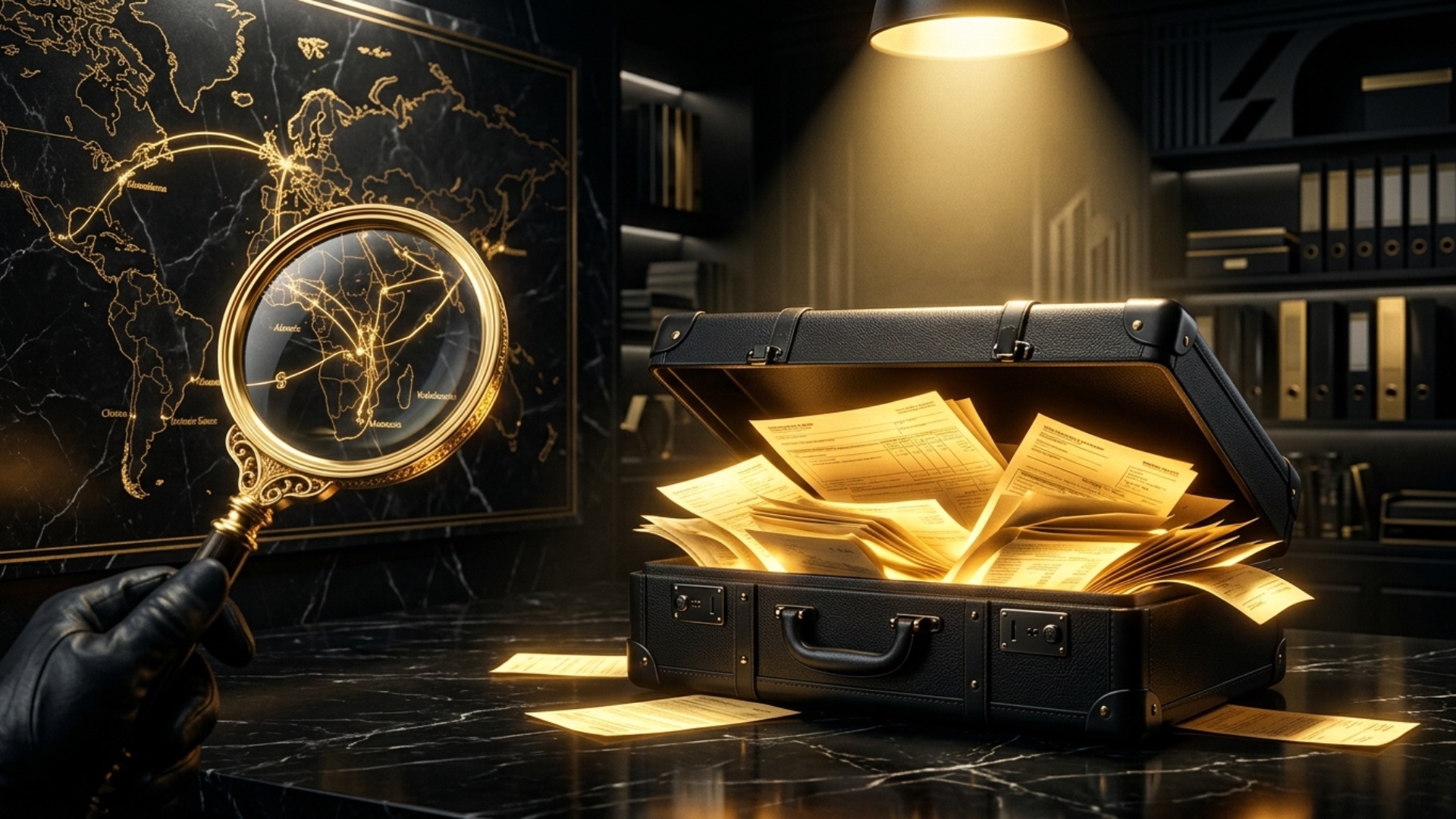A luxurious black suitcase opens by itself under a powerful golden spotlight. Glowing golden docu...