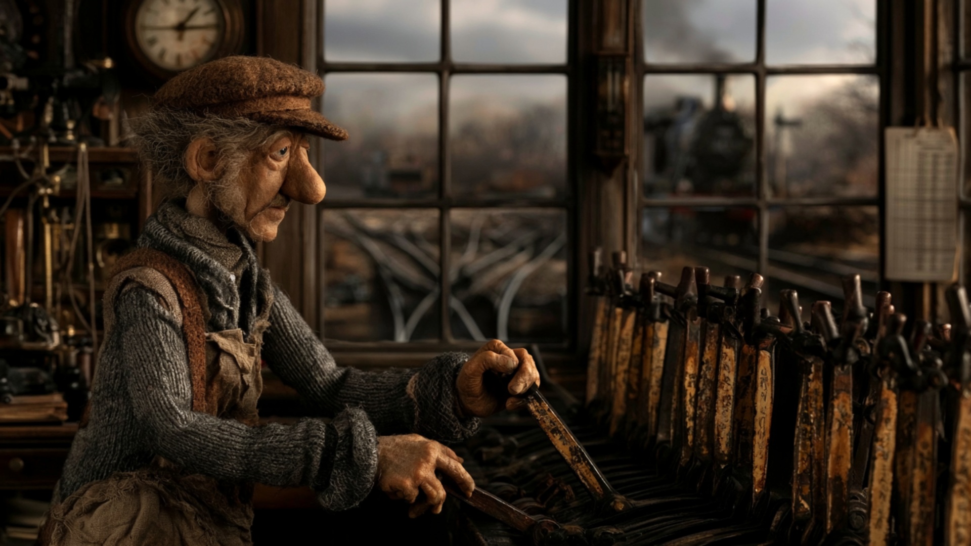 The older signalman slowly draws the existing rusty lever toward himself with both hands, leaning...