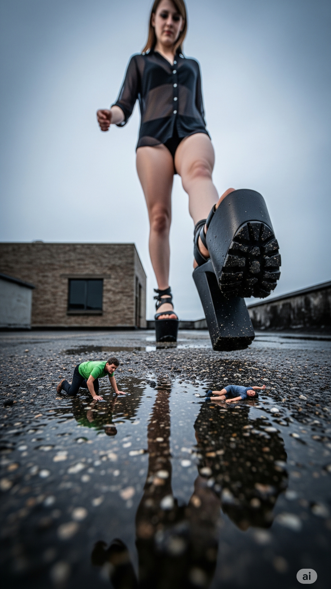 She is walking towards to the tiny guy and crushing the tiny guy under her shoe. Some little Red ...