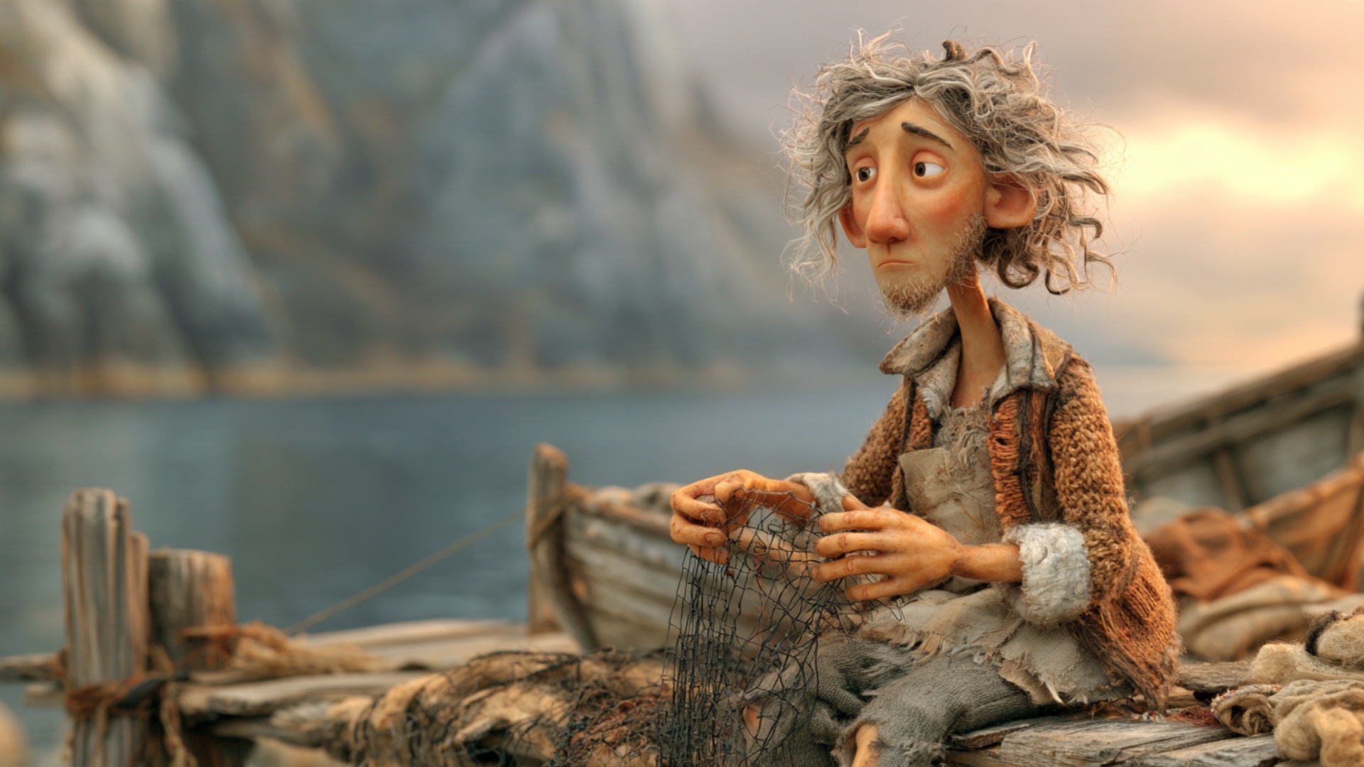 Mostly locked camera with a gentle forward drift. The fisherman performs one simple tension check...
