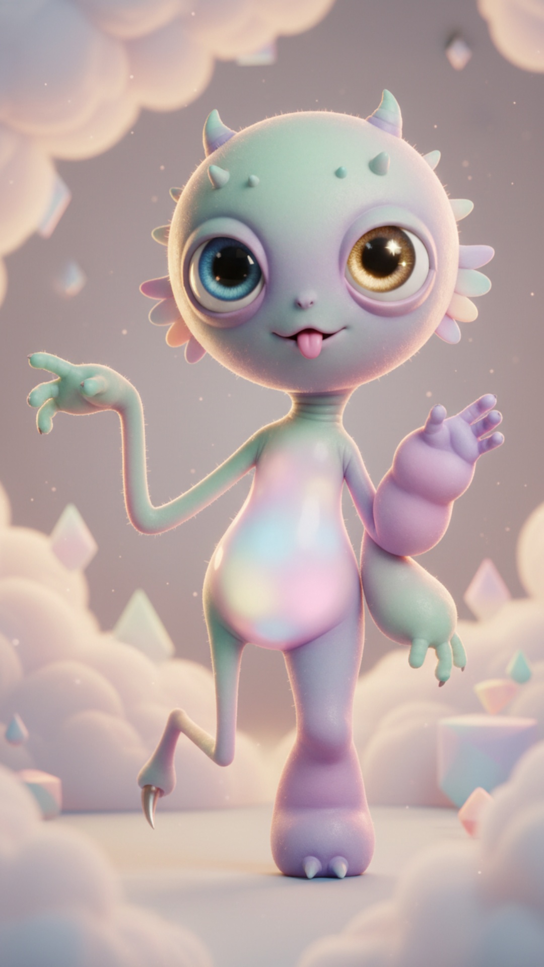 A surreal, cute creature with mismatched arms and legs, large round head, expressive uneven eyes,...