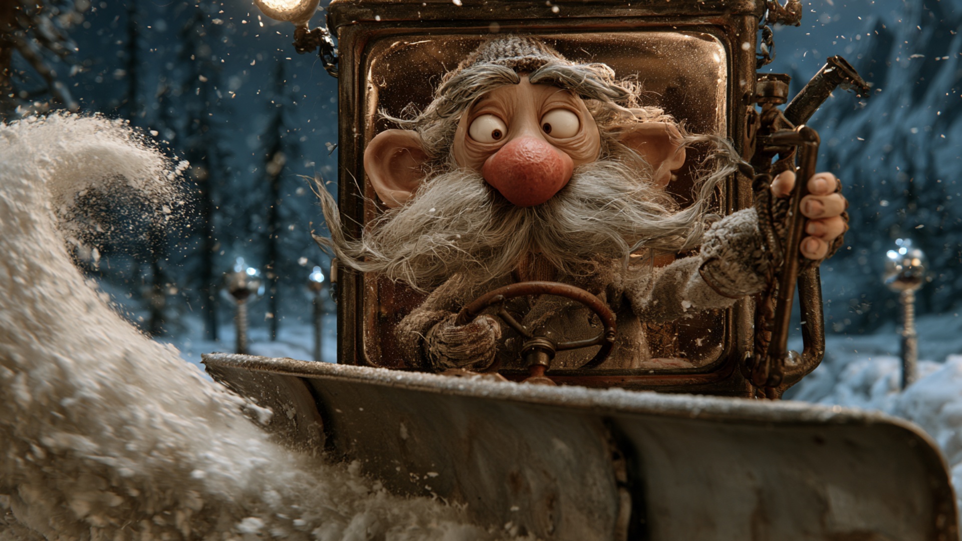 The snowplow drives steadily forward through deep fresh snow. The huge front blade continuously p...