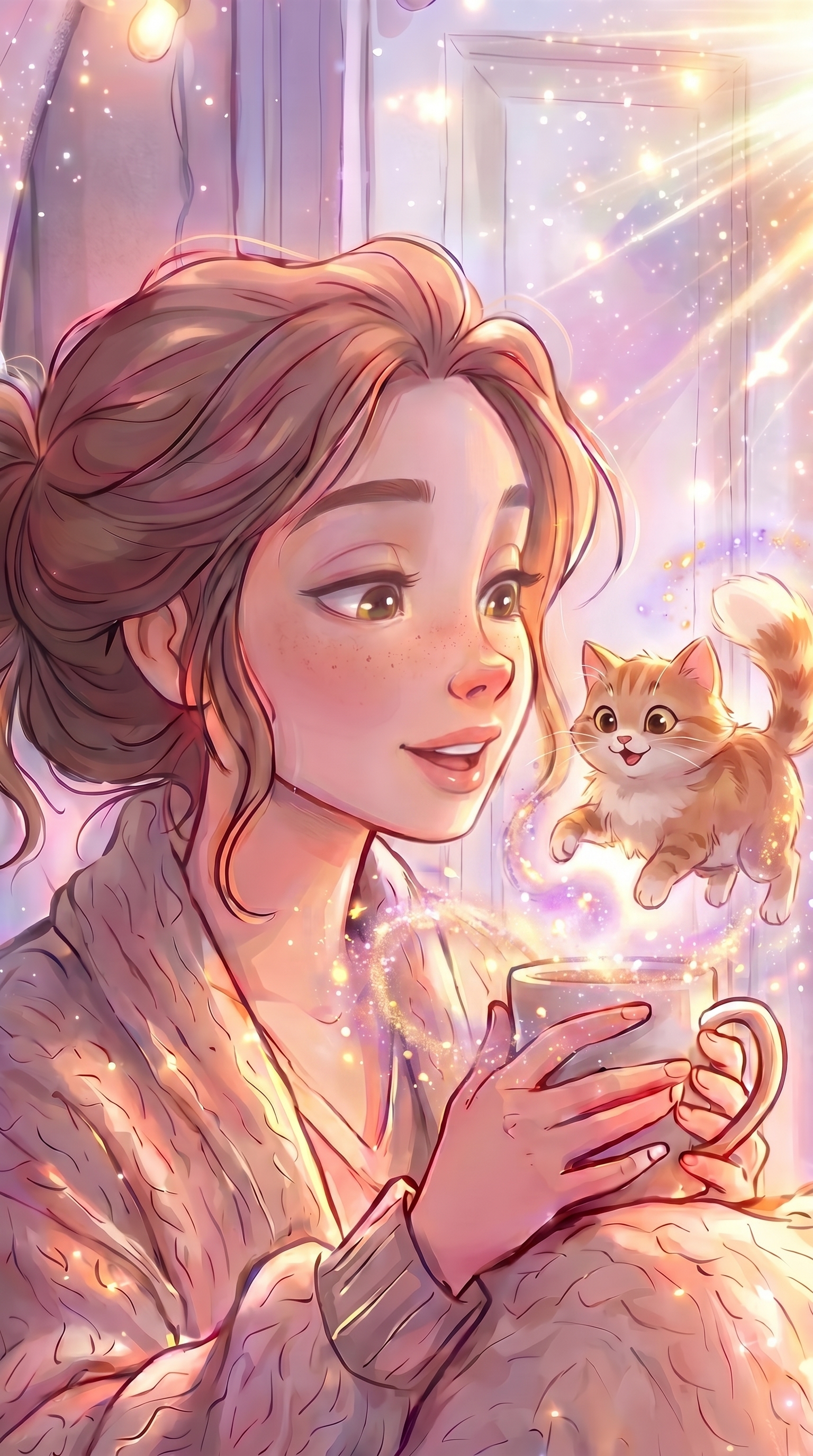 Prompt:
cute fluffy cat magically appearing with sparkle puff, cozy room, soft glow, disney cute ...