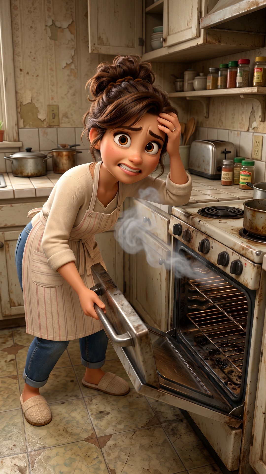 The mother opens the oven door. A small cloud of smoke comes out. She immediately recoils and gra...