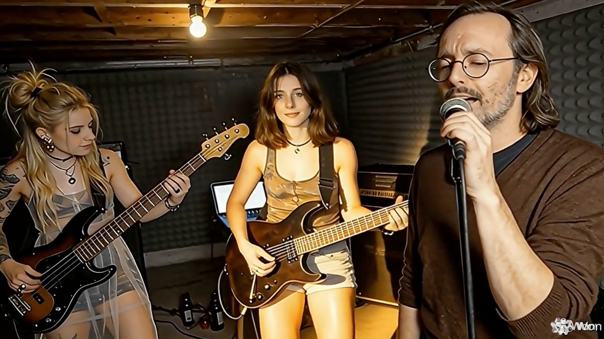 Le chanteur se concentre pendant que les musiciennes jouent paisiblement sous une lumière strobos...