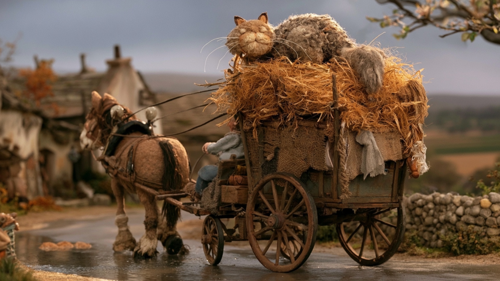 The horse pulls the loaded wagon steadily forward for the full 5 seconds, covering a clear visibl...