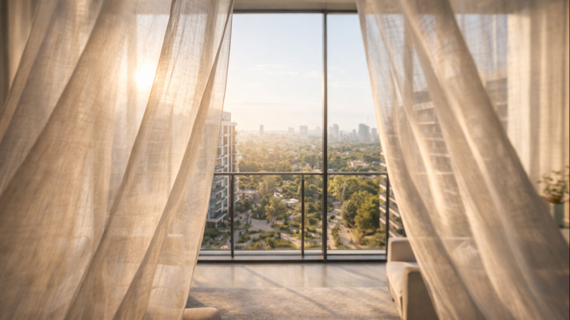 A bright modern apartment interior with large floor-to-ceiling windows and sheer curtains. A gent...