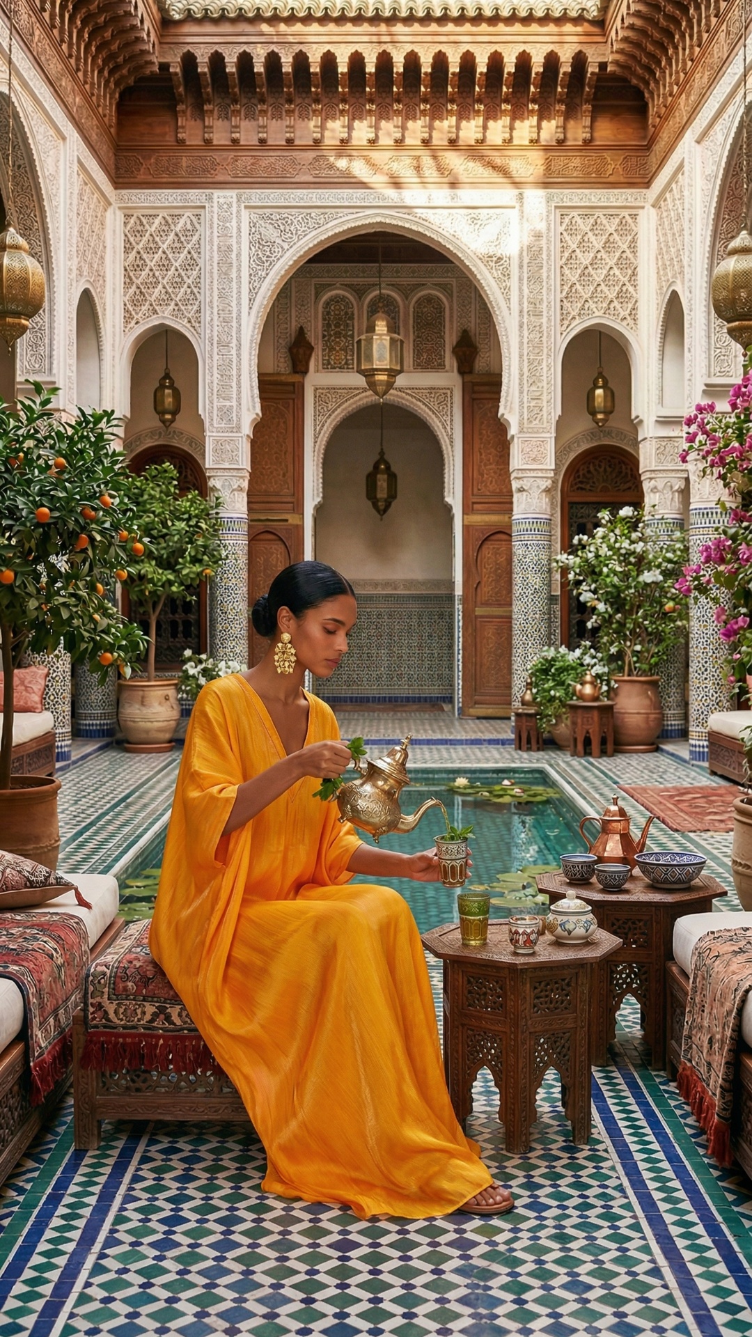 a model is pouring tea in the glass, a cat comes up to her