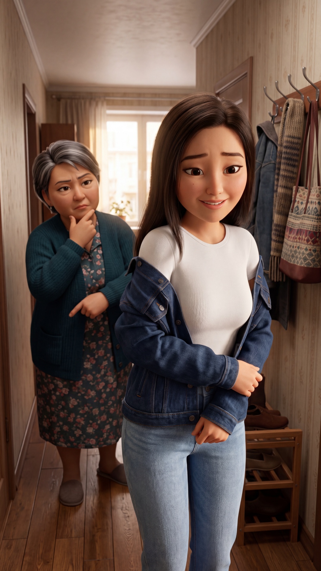 Pixar 3D animation style, cinematic 4K. 
Moscow apartment hallway, morning light.

Woman 54yo — g...
